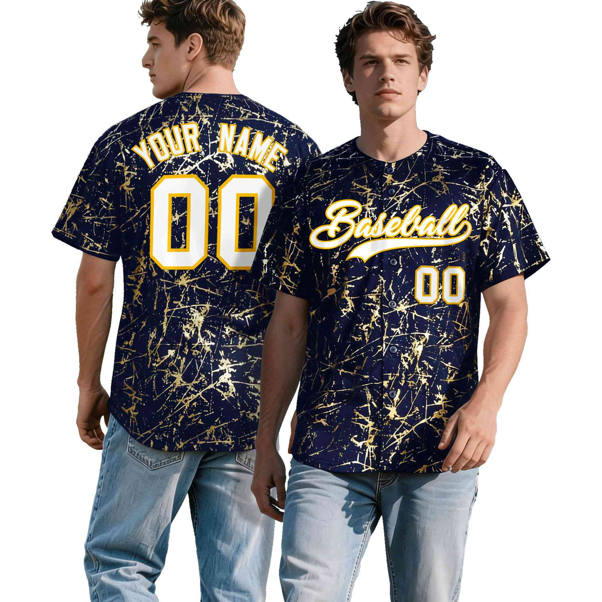 Custom Navy White Black&Shiny Gold Cracked Foil Breathable Mesh Streetwear Baseball Jersey