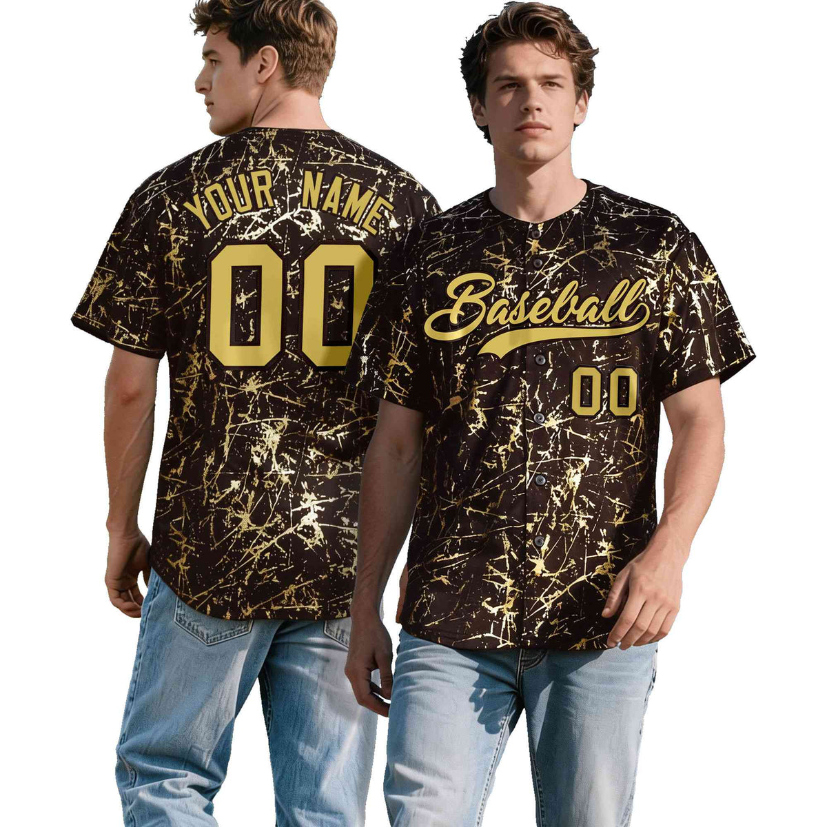 Custom Brown Old Gold Black&amp;Shiny Gold Cracked Foil Hip Hop Button Down Baseball Jersey