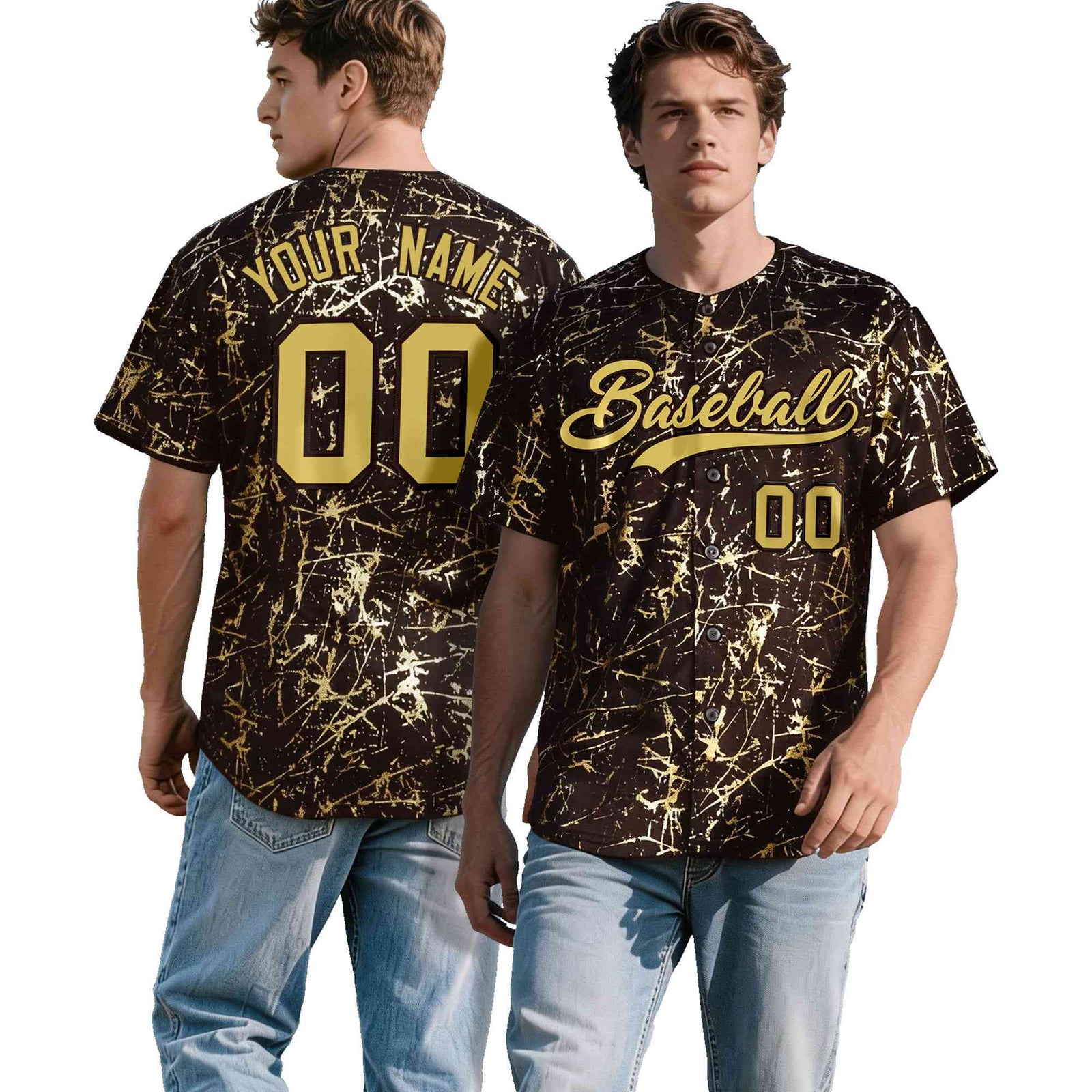 Custom Brown Old Gold Black&Shiny Gold Cracked Foil Hip Hop Button Down Baseball Jersey
