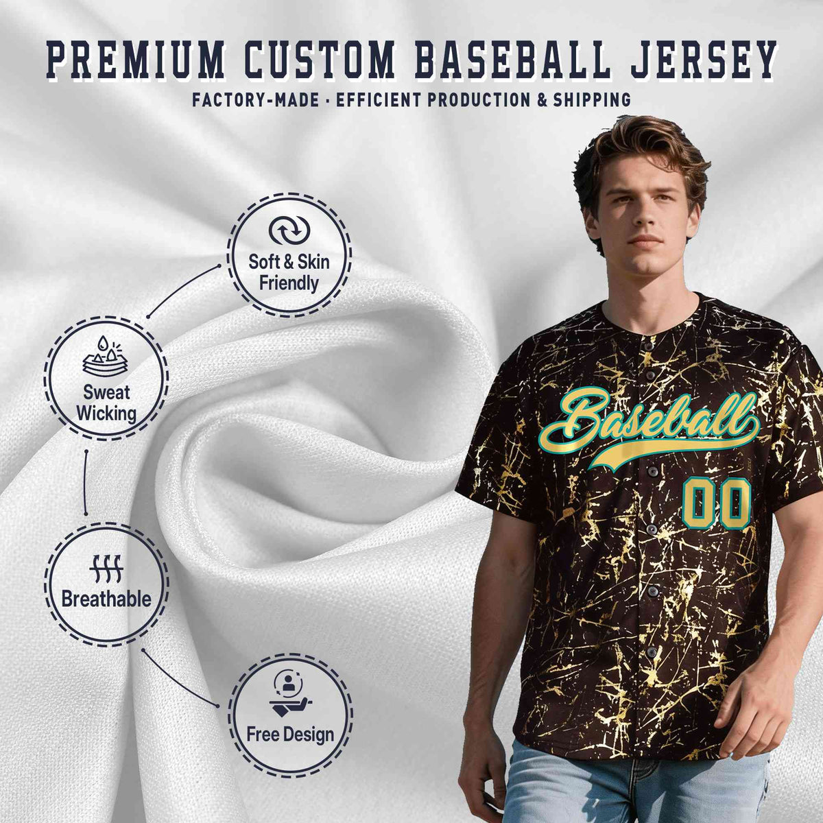 Custom Brown Khaki Black&amp;Gold Marble Print Clubwear Party Streetwear Baseball Jersey