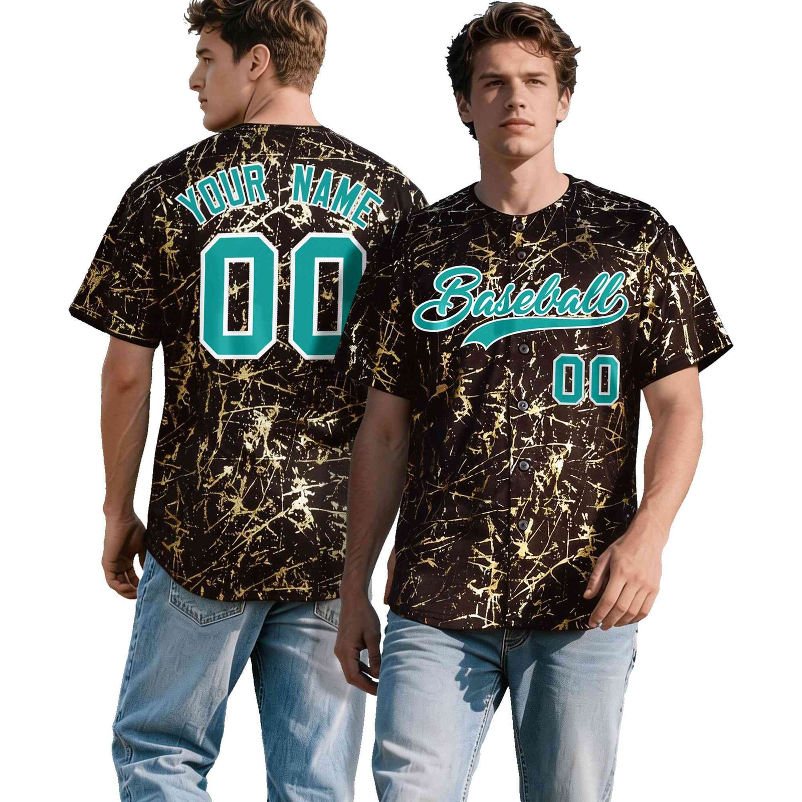 Custom Brown Aqua Metallic Gold Splatter Urban Streetwear Baseball Jersey
