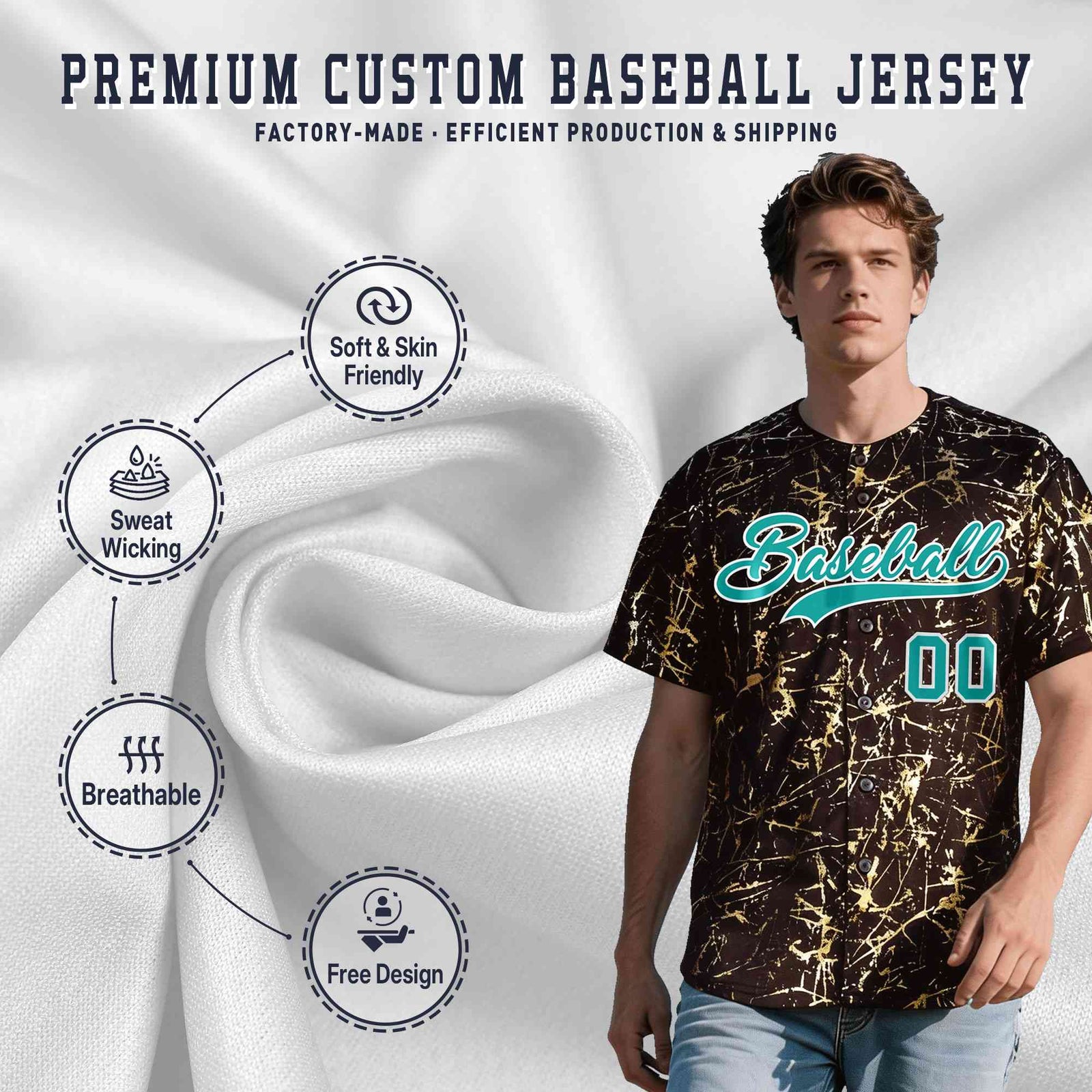 Custom Brown Aqua Metallic Gold Splatter Urban Streetwear Baseball Jersey