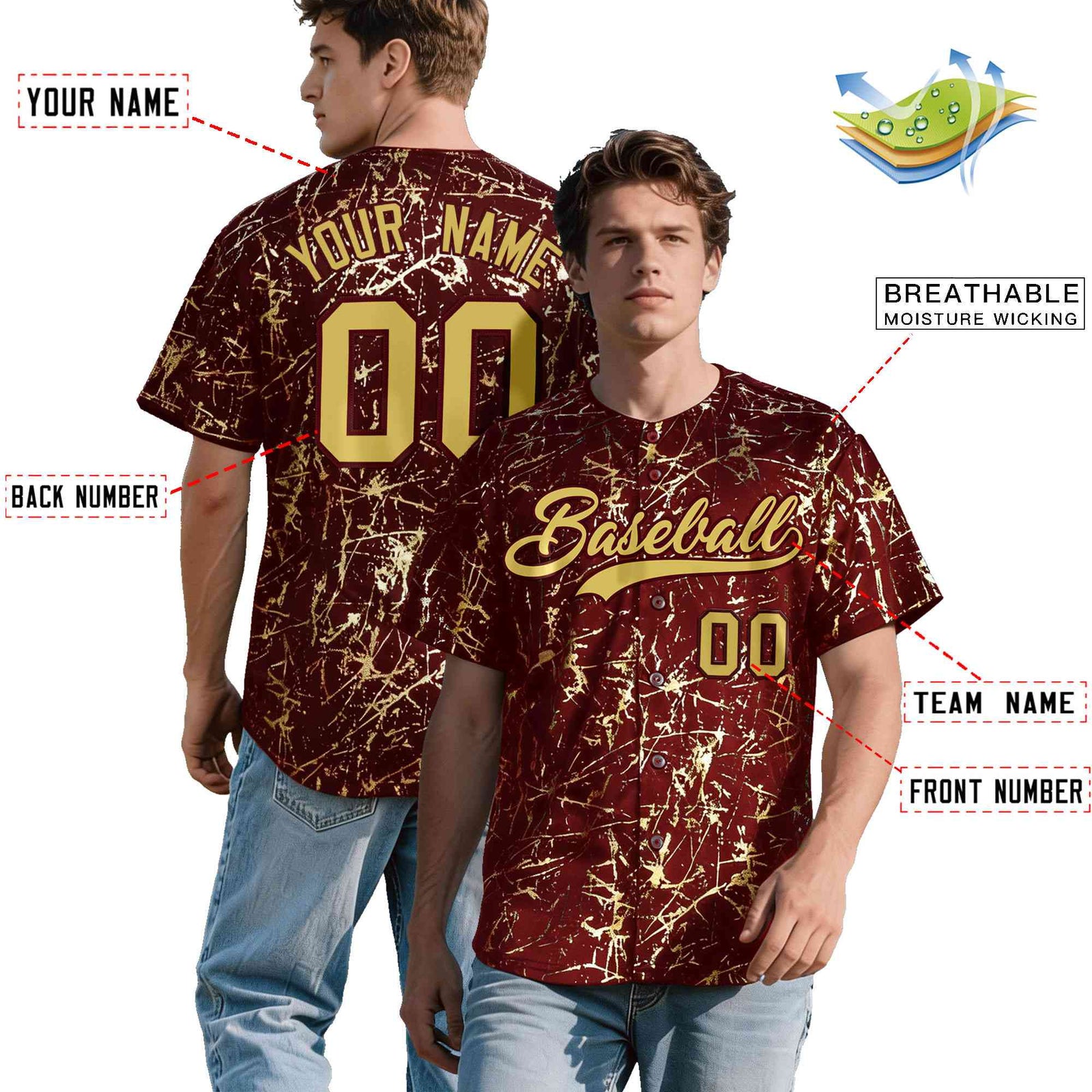 Custom Crimson Old Gold Black&Shiny Gold Cracked Foil Hip Hop Button Down Baseball Jersey