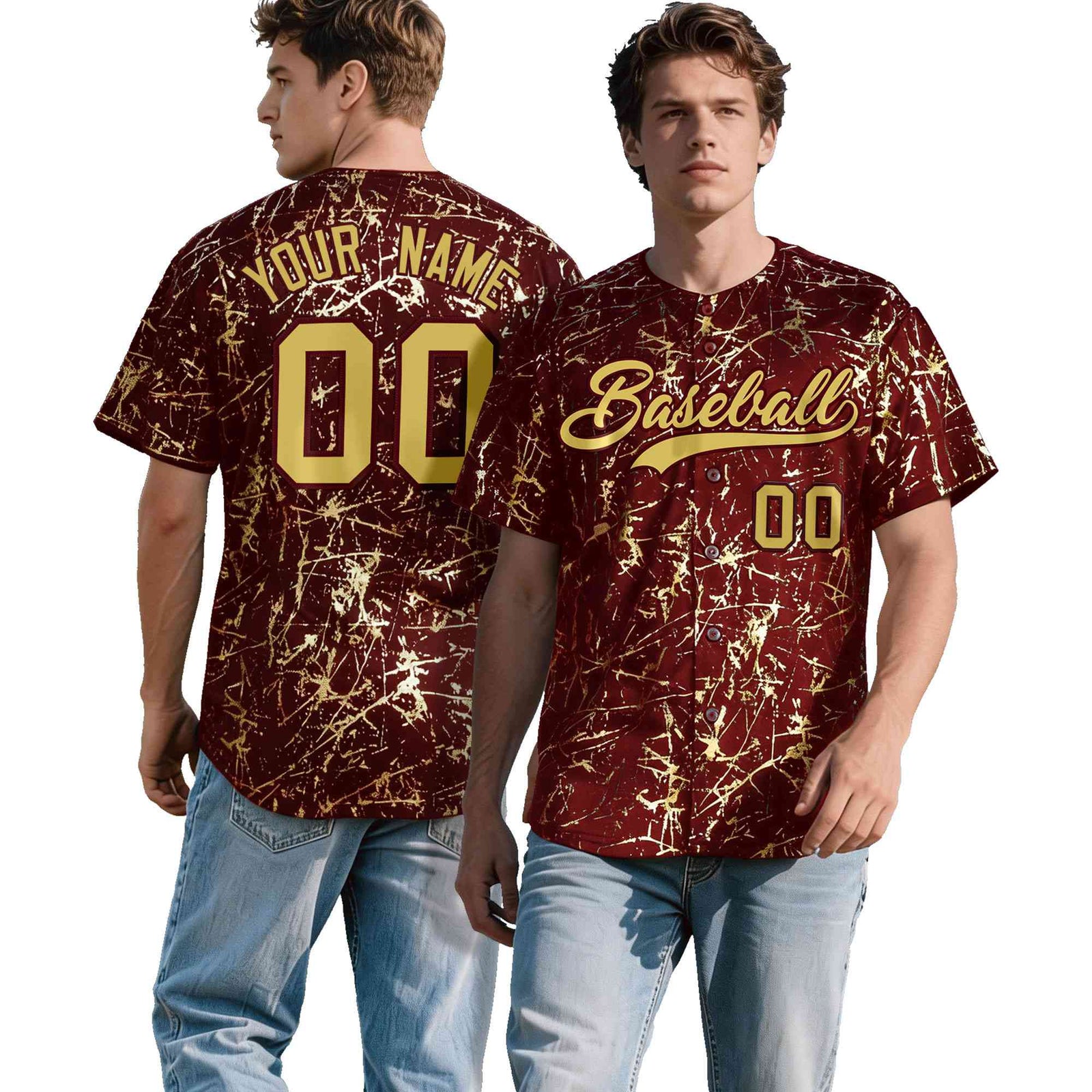 Custom Crimson Old Gold Black&Shiny Gold Cracked Foil Hip Hop Button Down Baseball Jersey