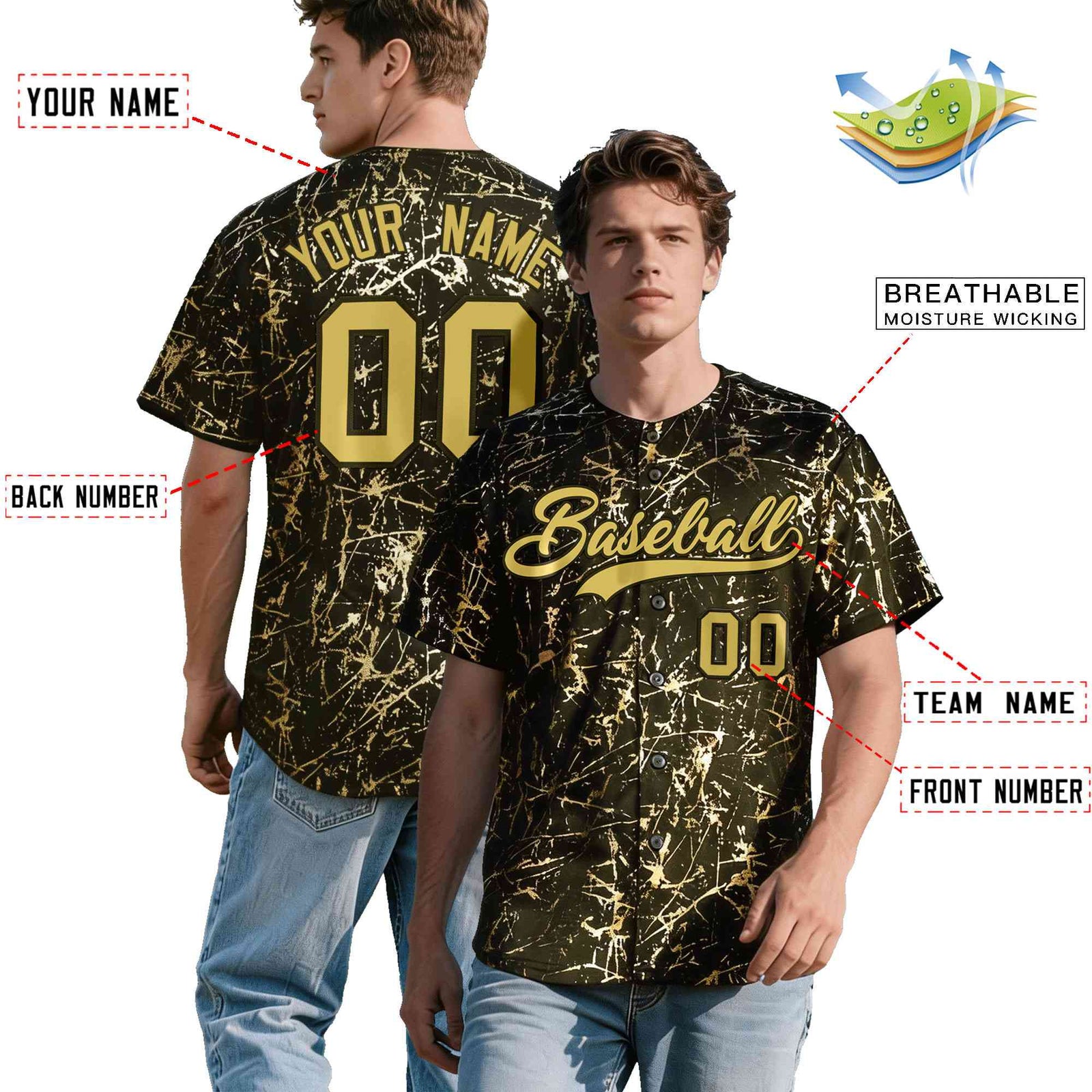 Custom Olive Old Gold Black&Shiny Gold Cracked Foil Hip Hop Button Down Baseball Jersey