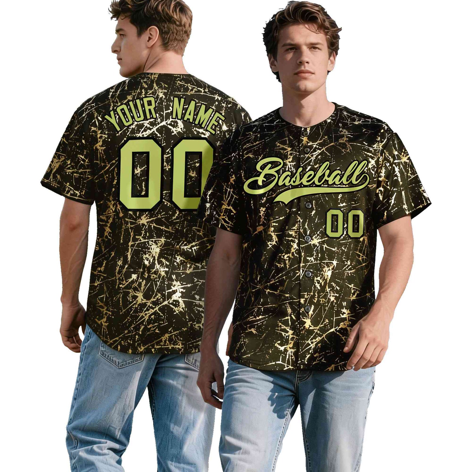 Custom Olive Champagne Black&Gold Marble Print Clubwear Party Streetwear Baseball Jersey