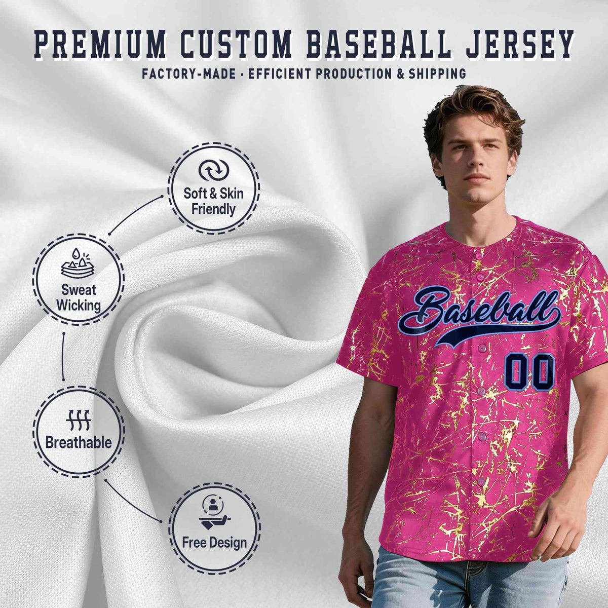 Custom Pink Navy Metallic Gold Splatter Breathable&Wrinkle-Resistant Baseball Jersey