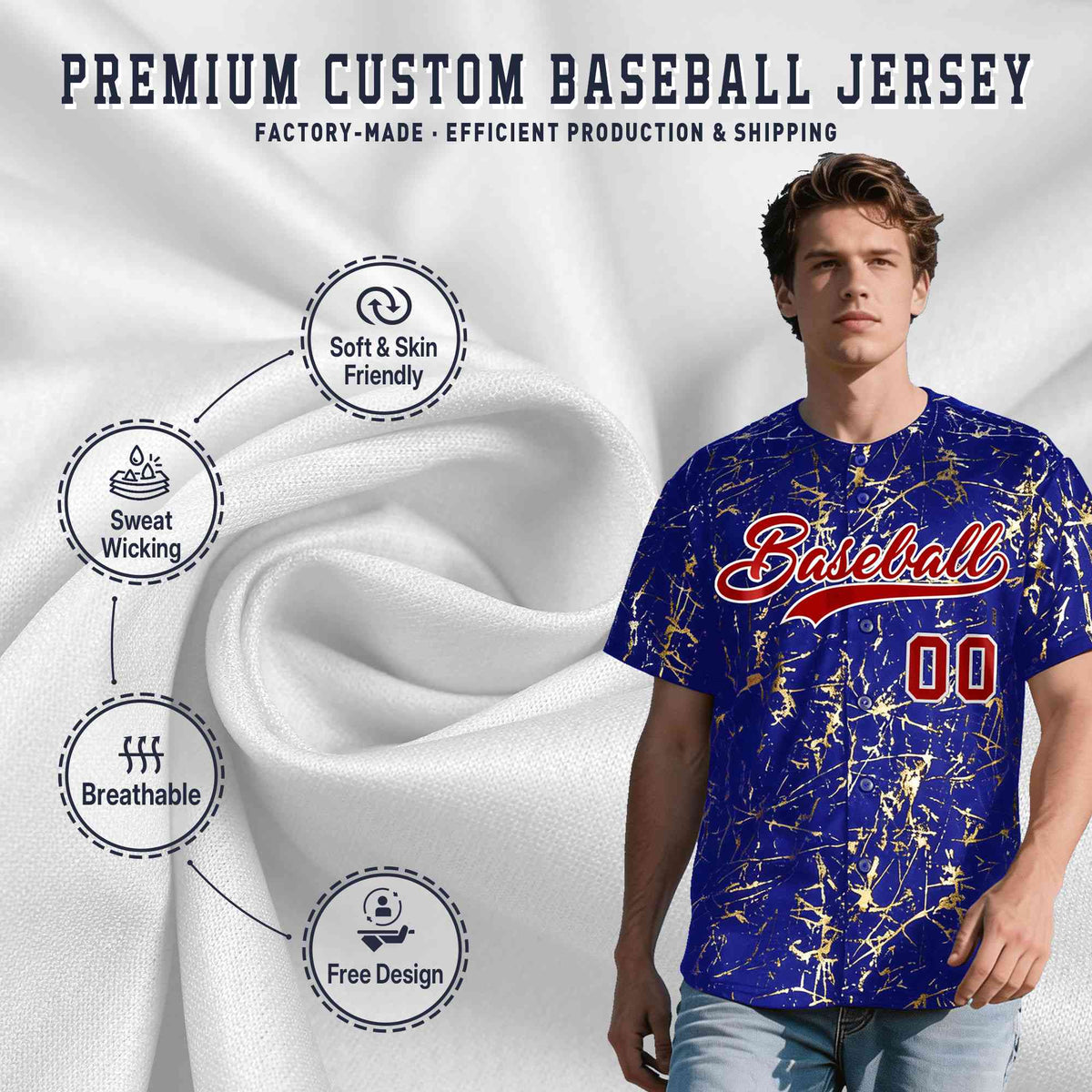 Custom Royal Red Metallic Gold Splatter Breathable&Wrinkle-Resistant Baseball Jersey