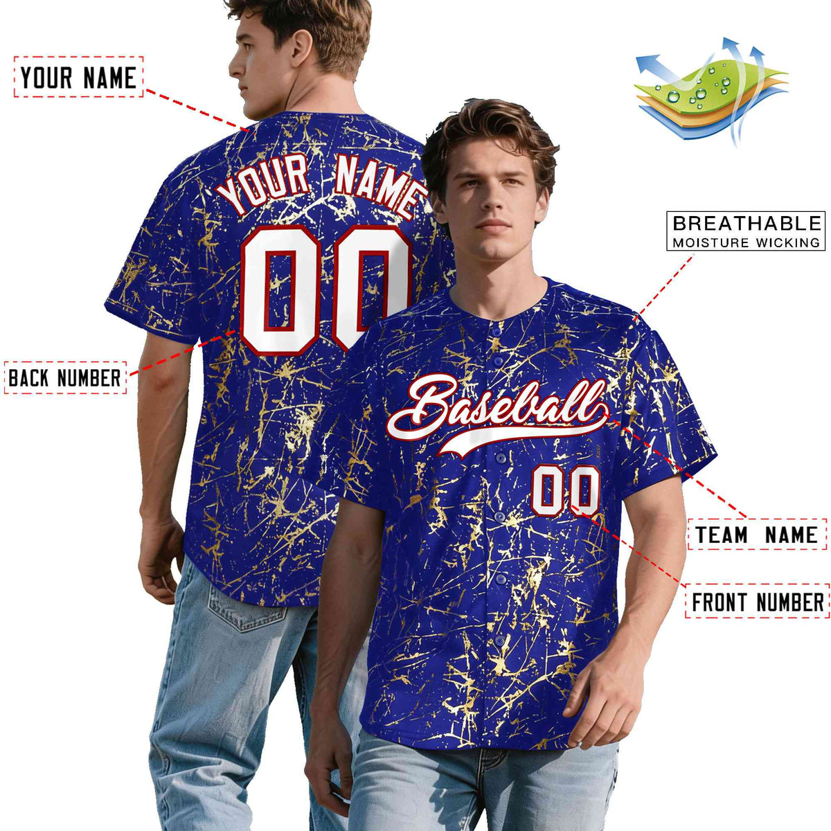 Custom Royal White Black&Gold Marble Print Clubwear Party Streetwear Baseball Jersey
