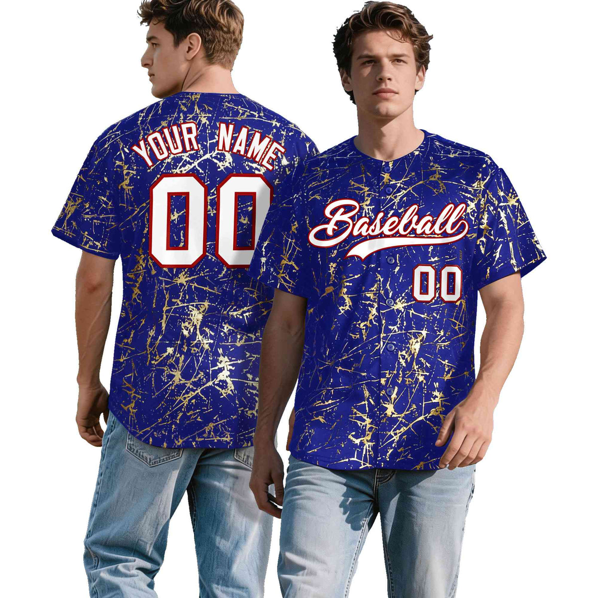 Custom Royal White Black&Gold Marble Print Clubwear Party Streetwear Baseball Jersey