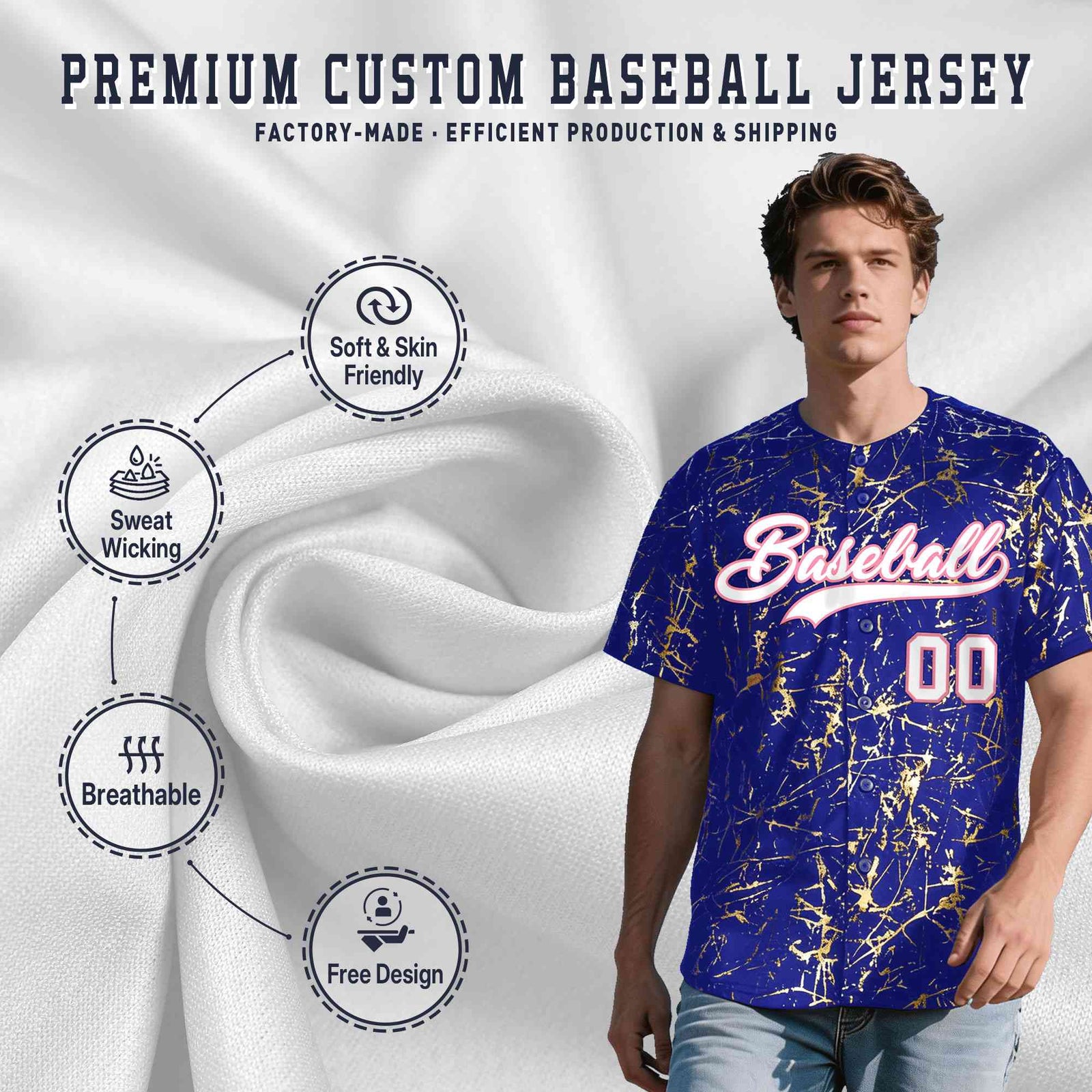 Custom Royal White Black&Shiny Gold Cracked Foil Breathable Mesh Streetwear Baseball Jersey