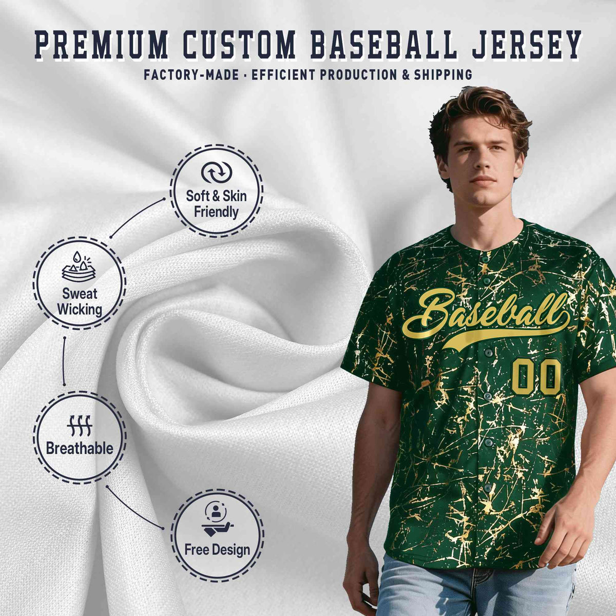 Custom Green Old Gold Black&Shiny Gold Cracked Foil Hip Hop Button Down Baseball Jersey