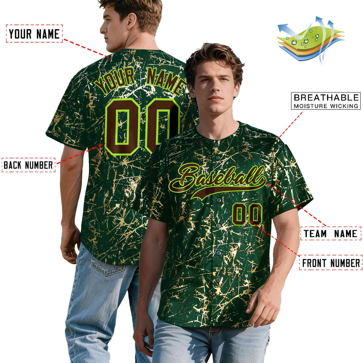 Custom Green Brown Metallic Gold Splatter Breathable&Wrinkle-Resistant Baseball Jersey