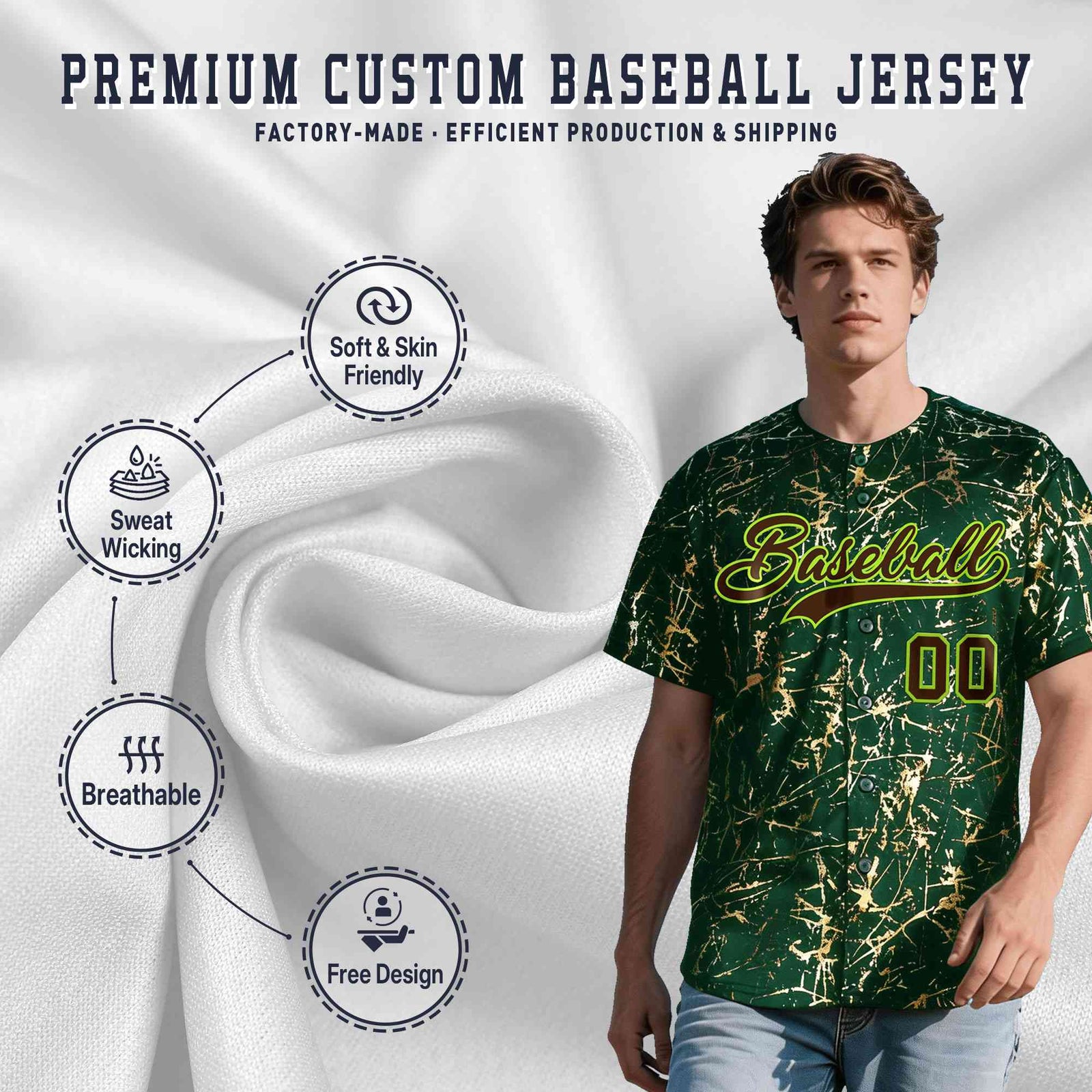 Custom Green Brown Metallic Gold Splatter Breathable&Wrinkle-Resistant Baseball Jersey