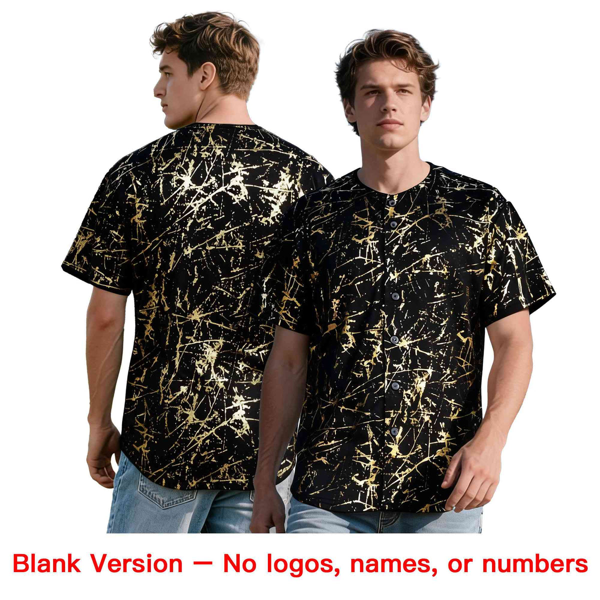 Custom Black Orange Metallic Gold Splatter Urban Streetwear Baseball Jersey