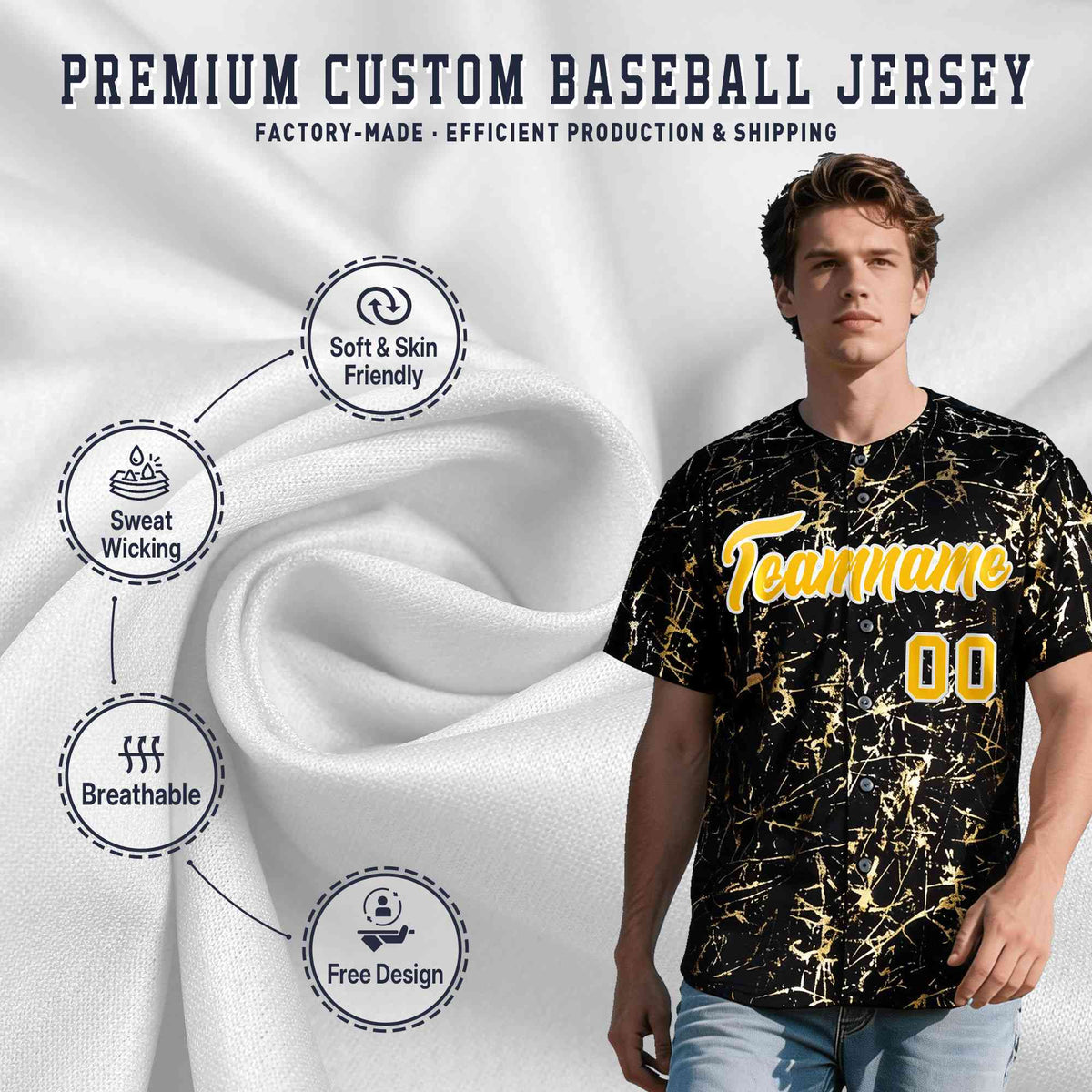 Custom Black Yellow Shiny Gold Cracked Texture Baseball Jersey