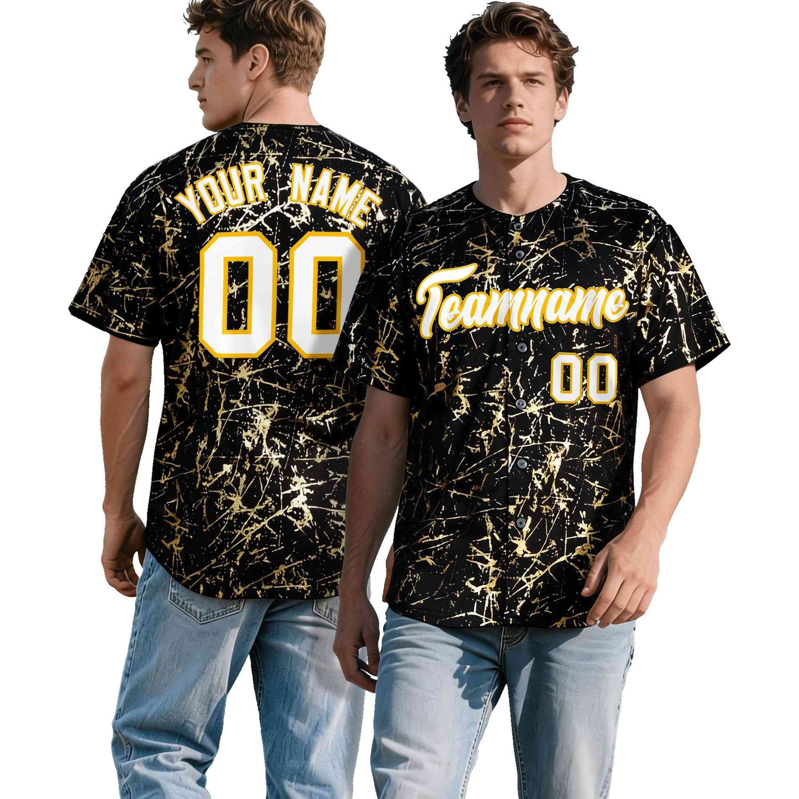Custom Black White Black&Shiny Gold Cracked Foil Hip Hop Button Down Baseball Jersey