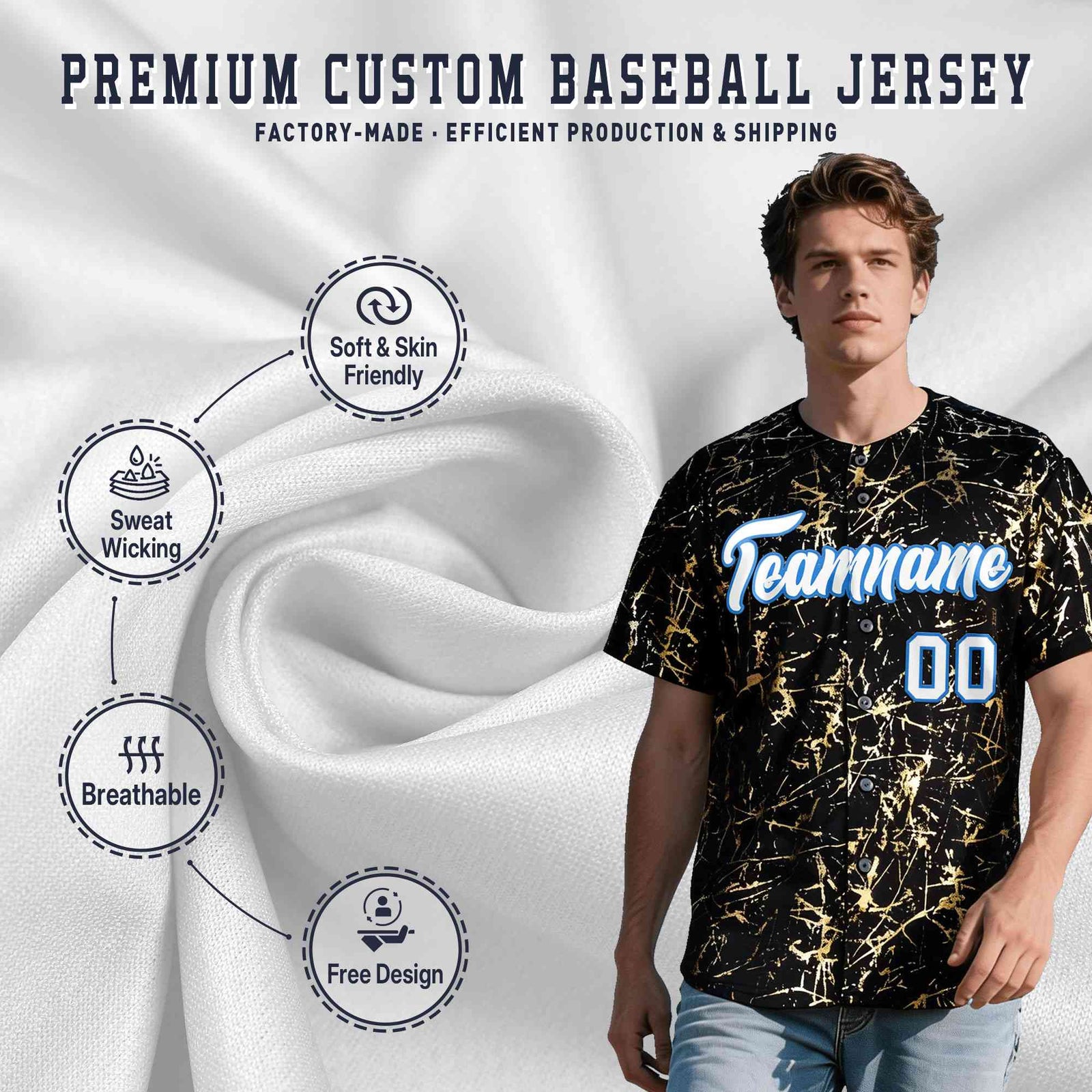 Custom Black White Black&Shiny Gold Cracked Foil Hip Hop Button Down Baseball Jersey