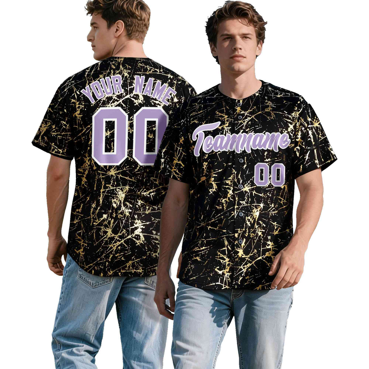 Custom Black Light Purple Metallic Gold Splatter Breathable&Wrinkle-Resistant Baseball Jersey