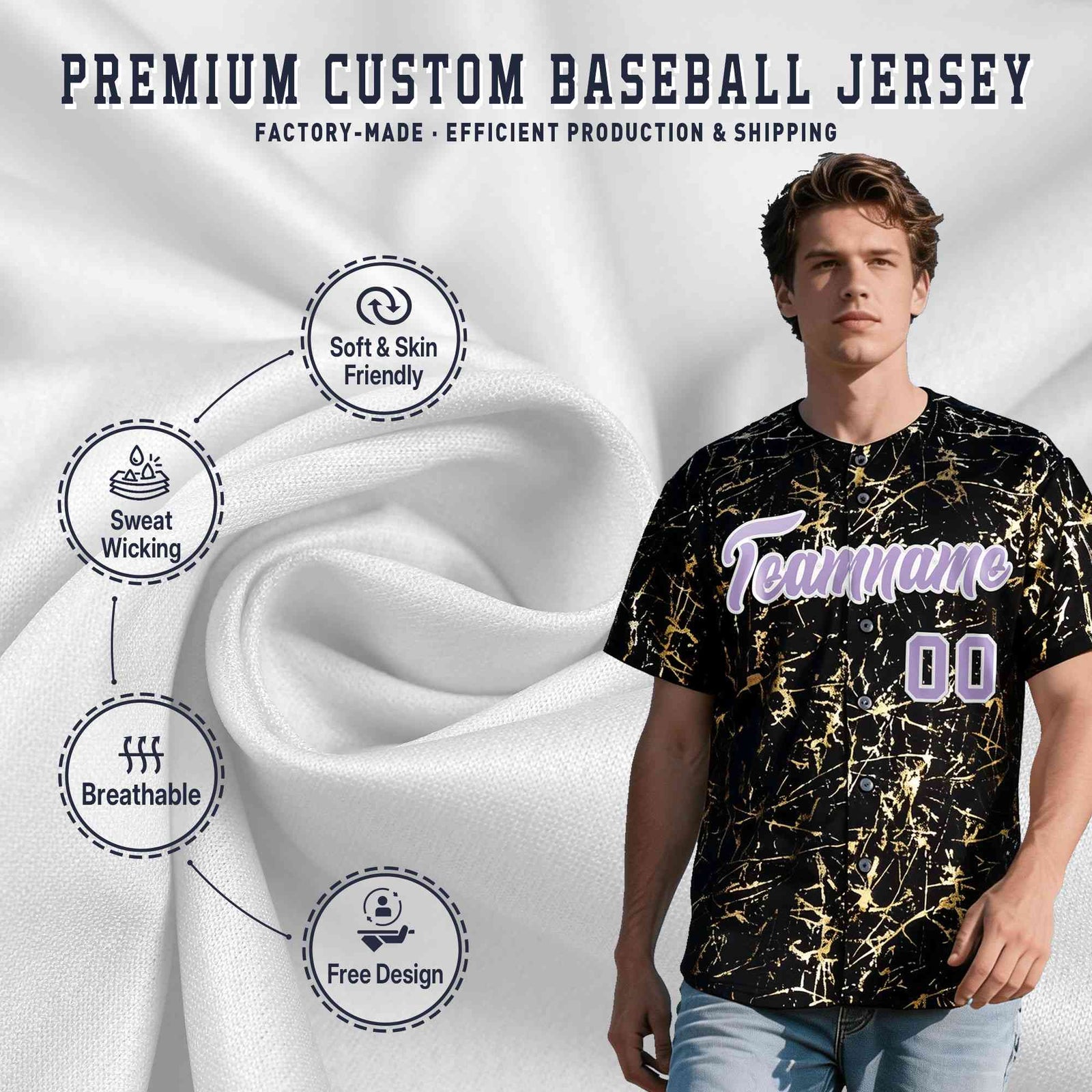 Custom Black Light Purple Metallic Gold Splatter Breathable&Wrinkle-Resistant Baseball Jersey