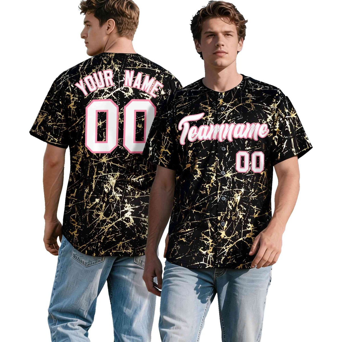 Custom Black White Black&Shiny Gold Cracked Foil Breathable Mesh Streetwear Baseball Jersey