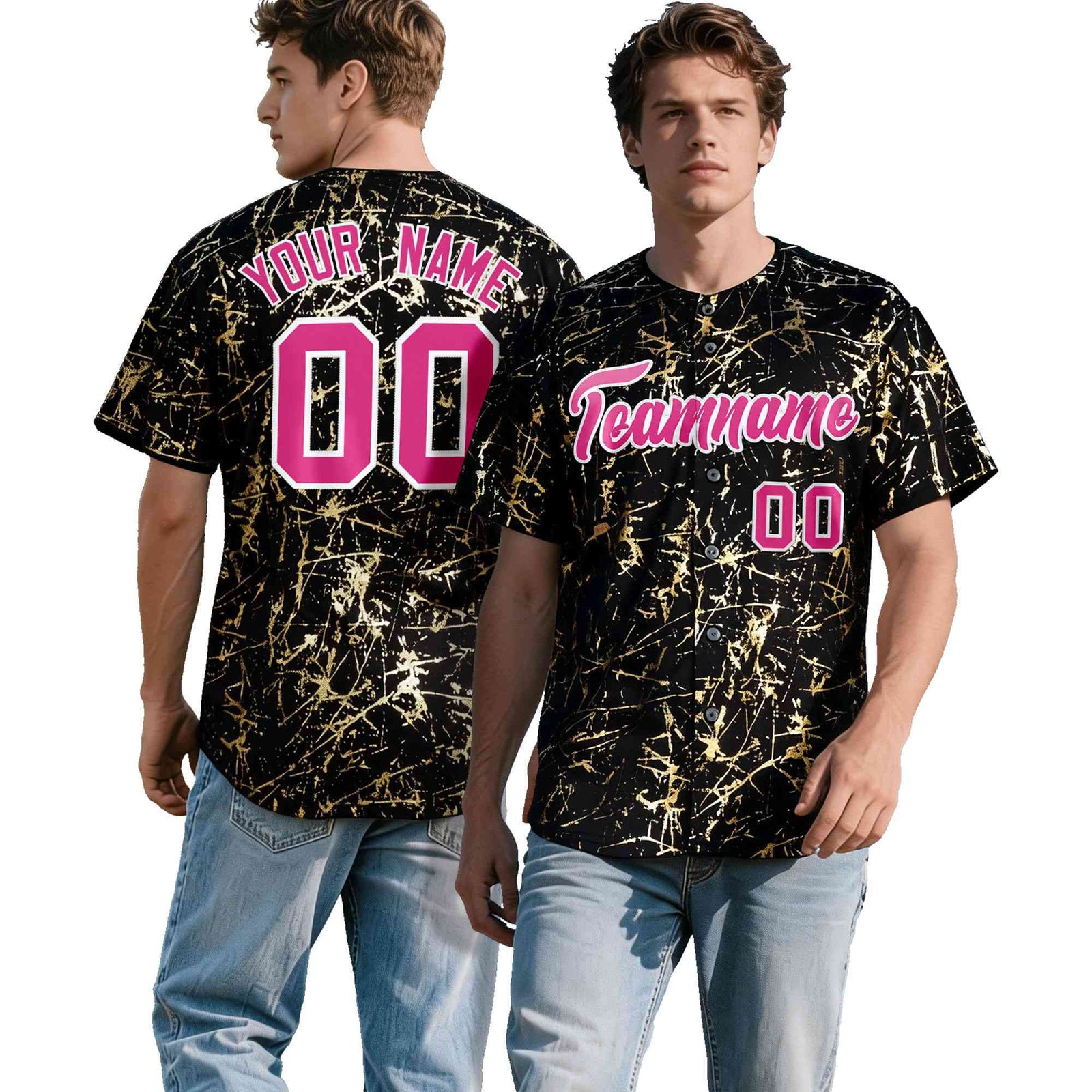 Custom Black Rose Red Shiny Gold Cracked Texture Baseball Jersey