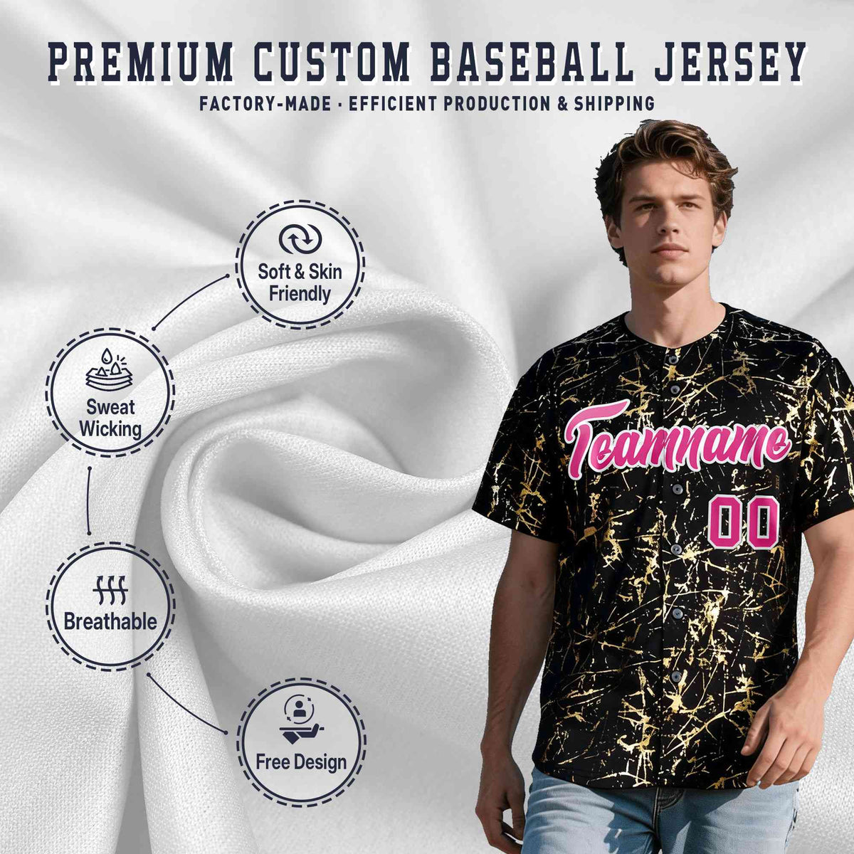 Custom Black Rose Red Shiny Gold Cracked Texture Baseball Jersey