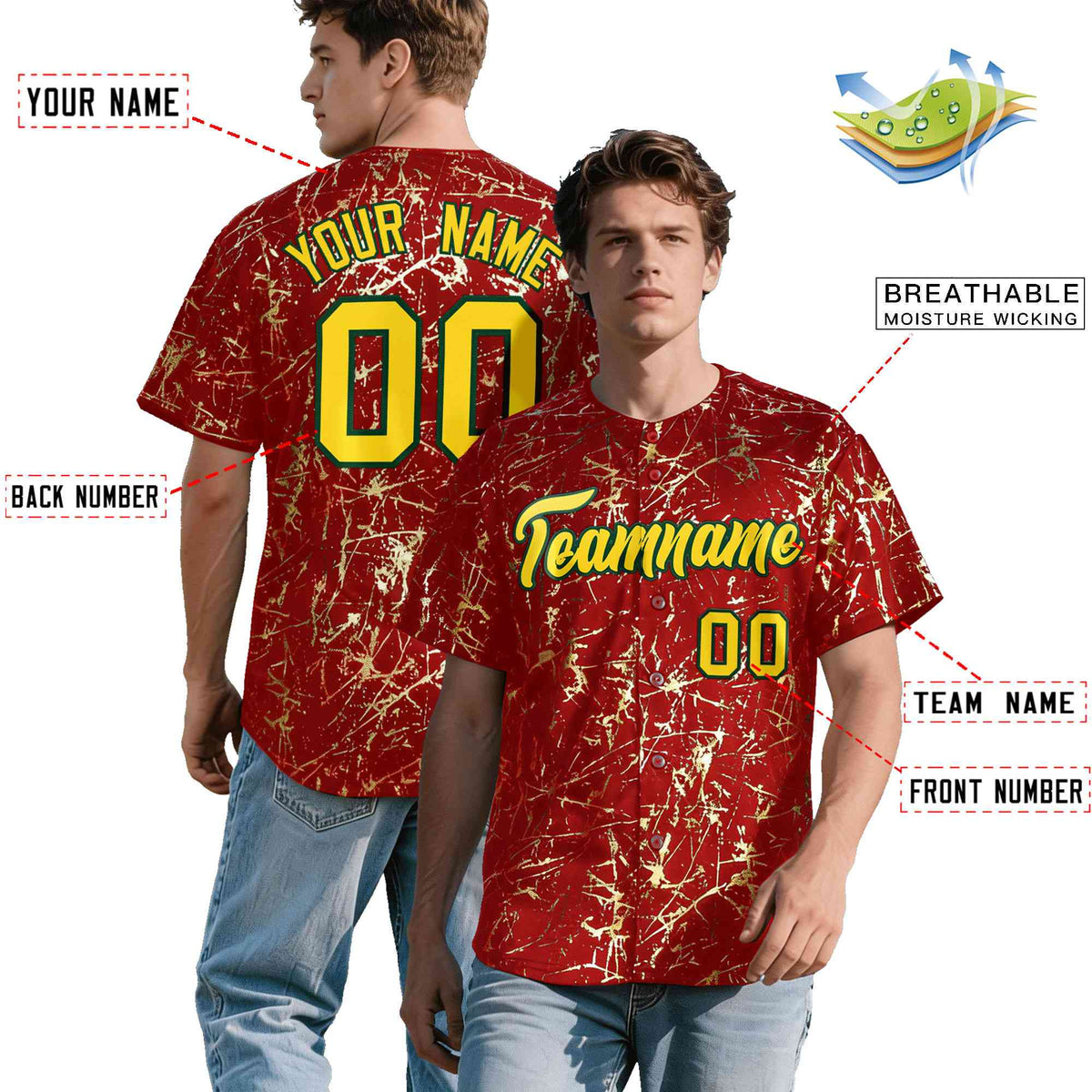 Custom Red Gold Black&Shiny Gold Cracked Foil Breathable Mesh Streetwear Baseball Jersey