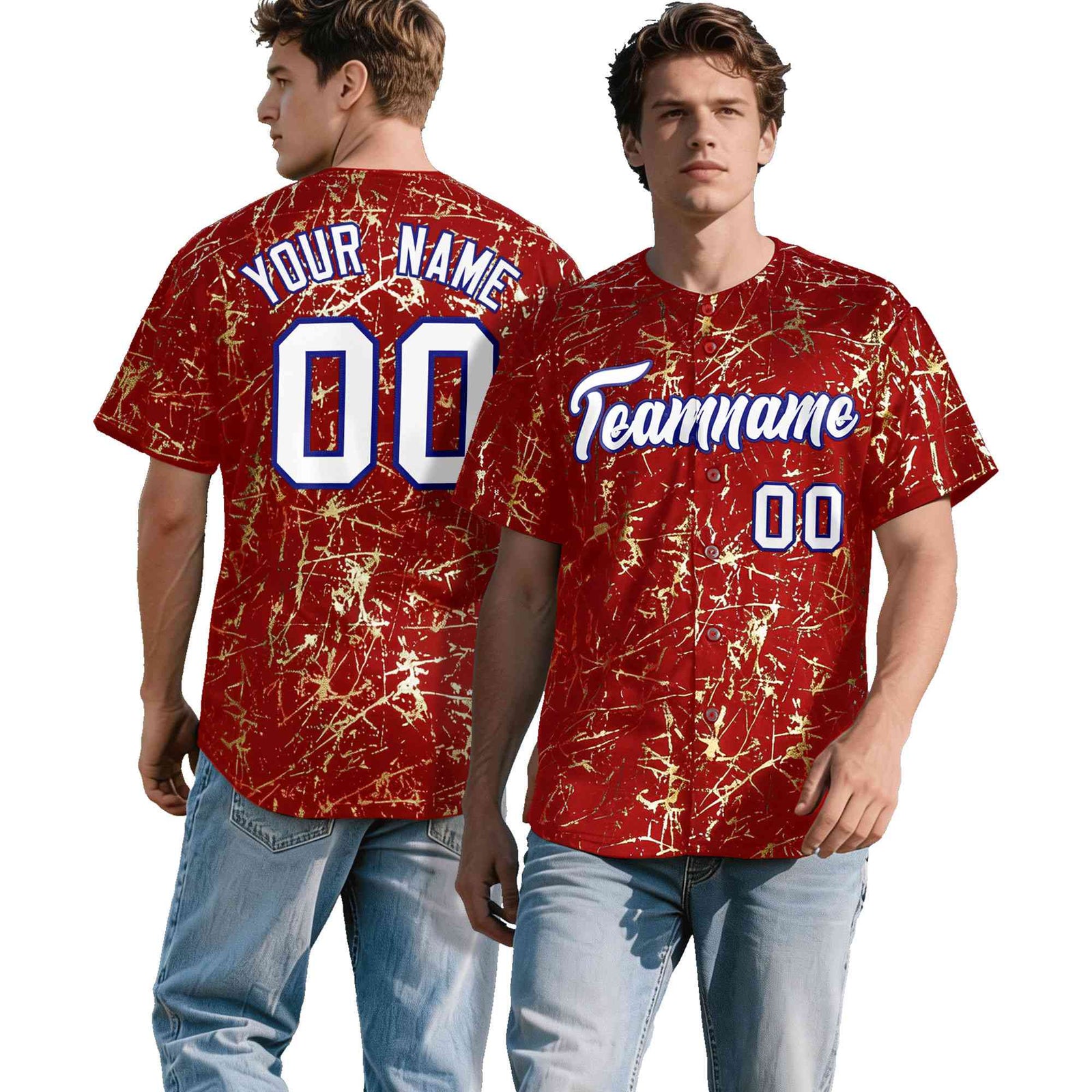 Custom Red White Black&Shiny Gold Cracked Foil Hip Hop Button Down Baseball Jersey