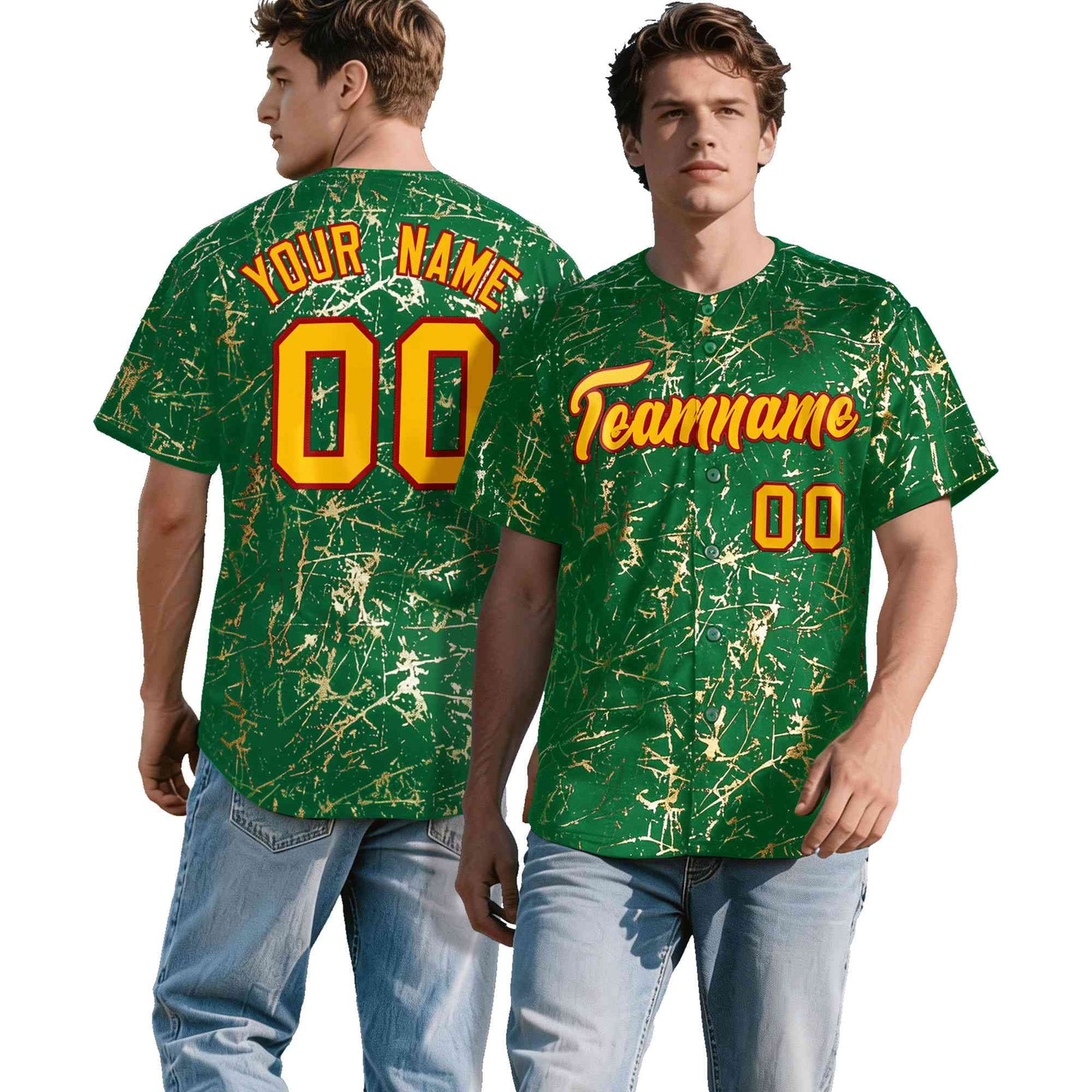 Custom Kelly Green Yellow Black&Gold Marble Print Clubwear Party Streetwear Baseball Jersey