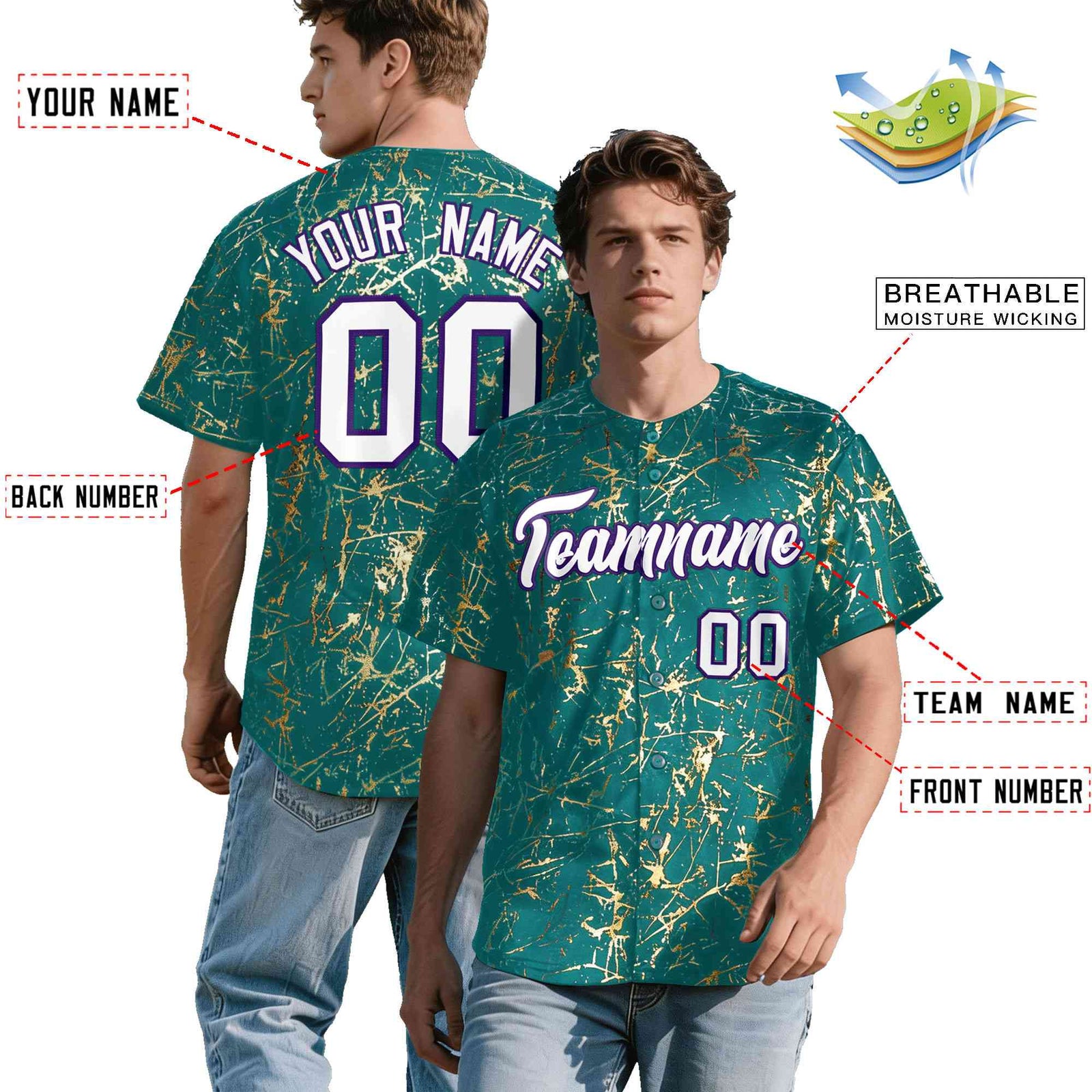 Custom Teal White Black&Shiny Gold Cracked Foil Breathable Mesh Streetwear Baseball Jersey