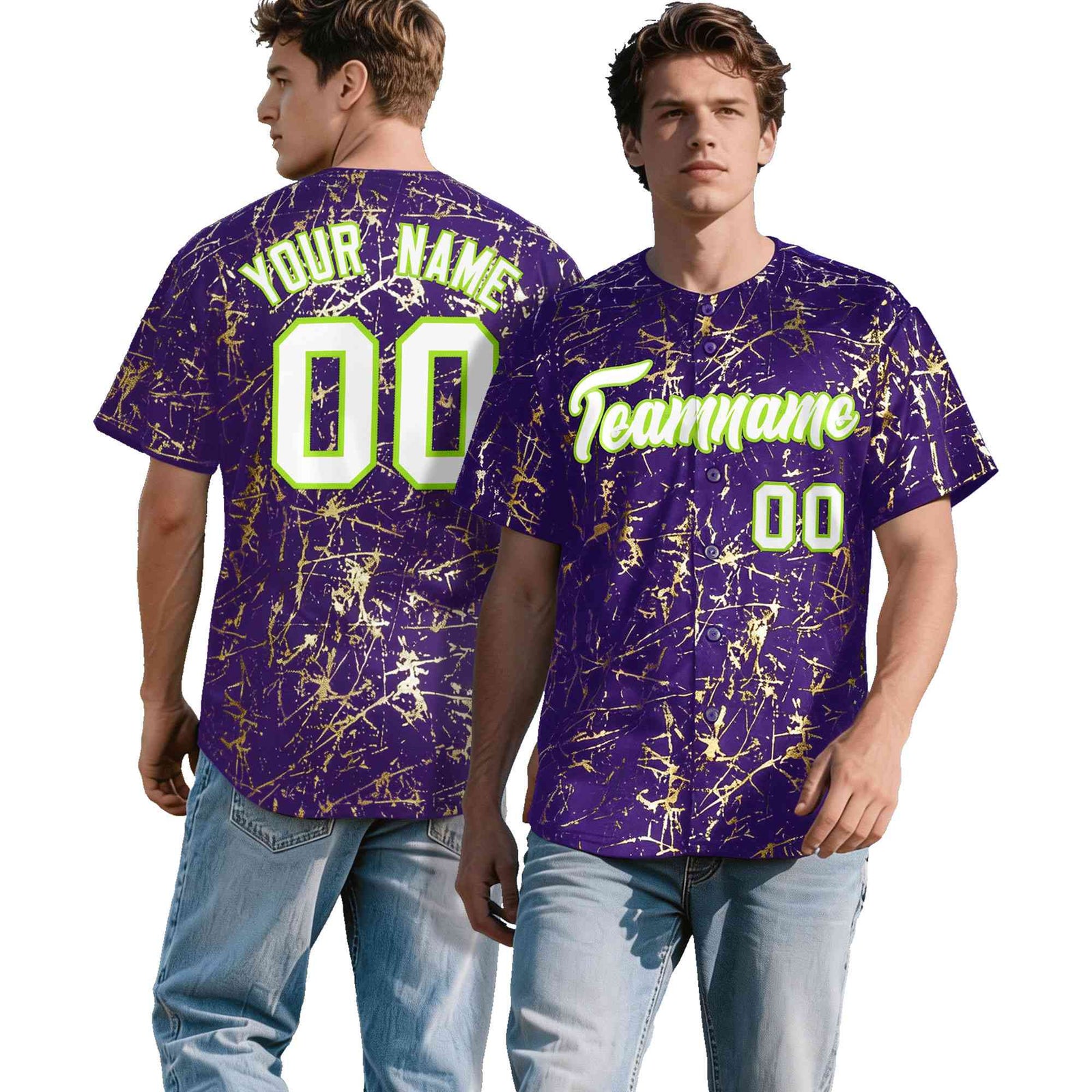 Custom Purple White Black&Shiny Gold Cracked Foil Breathable Mesh Streetwear Baseball Jersey