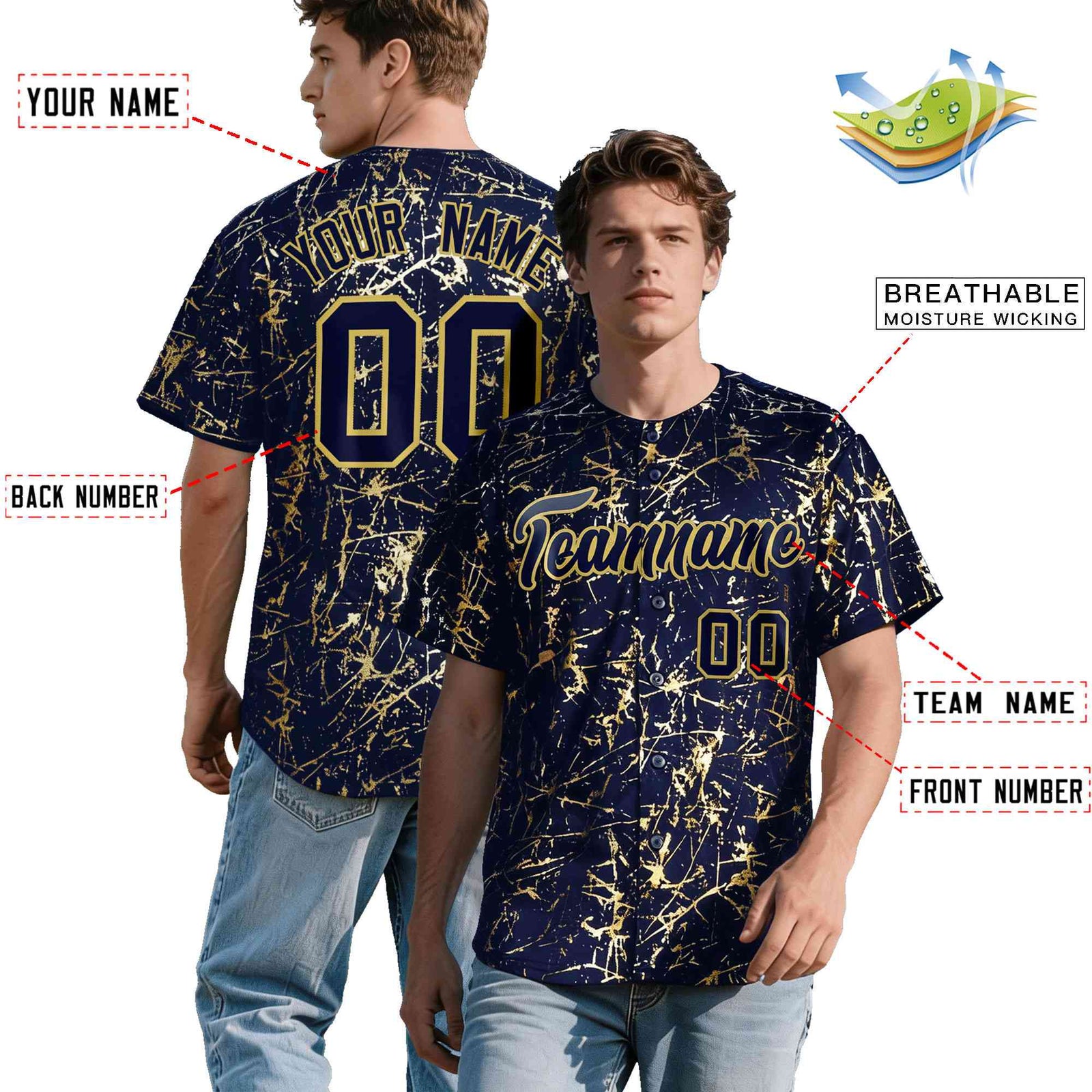 Custom Navy Old Gold Shiny Gold Cracked Texture Baseball Jersey