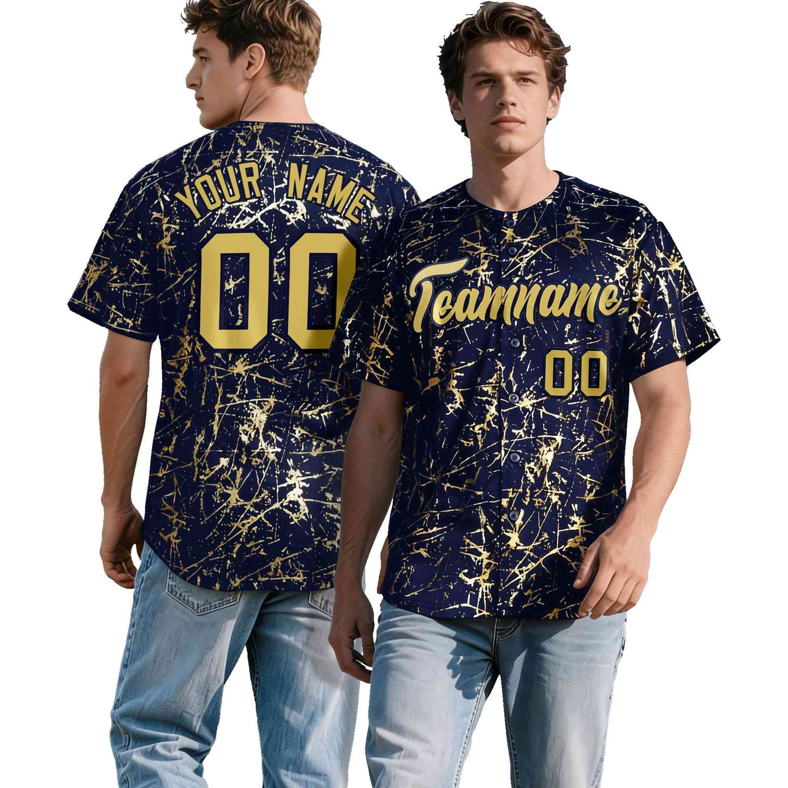 Custom Navy Old Gold Black&Shiny Gold Cracked Foil Hip Hop Button Down Baseball Jersey