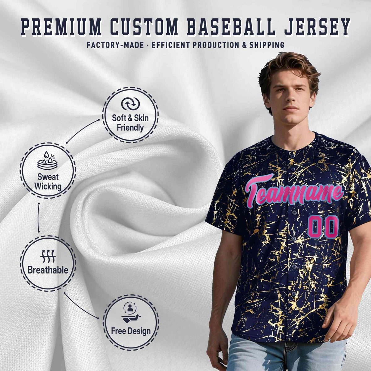 Custom Navy Rose Red Metallic Gold Splatter Breathable&Wrinkle-Resistant Baseball Jersey