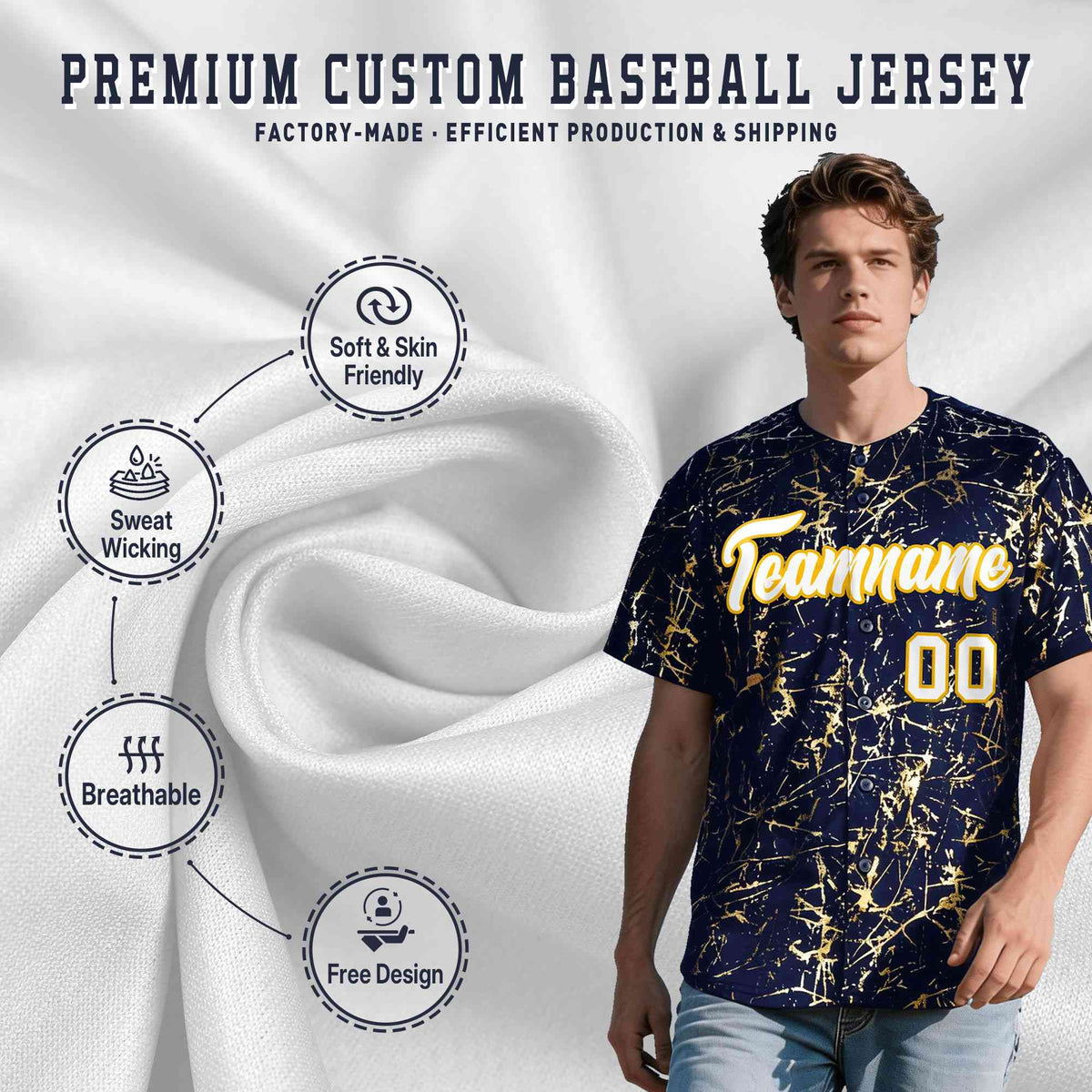 Custom Navy White Black&Shiny Gold Cracked Foil Breathable Mesh Streetwear Baseball Jersey