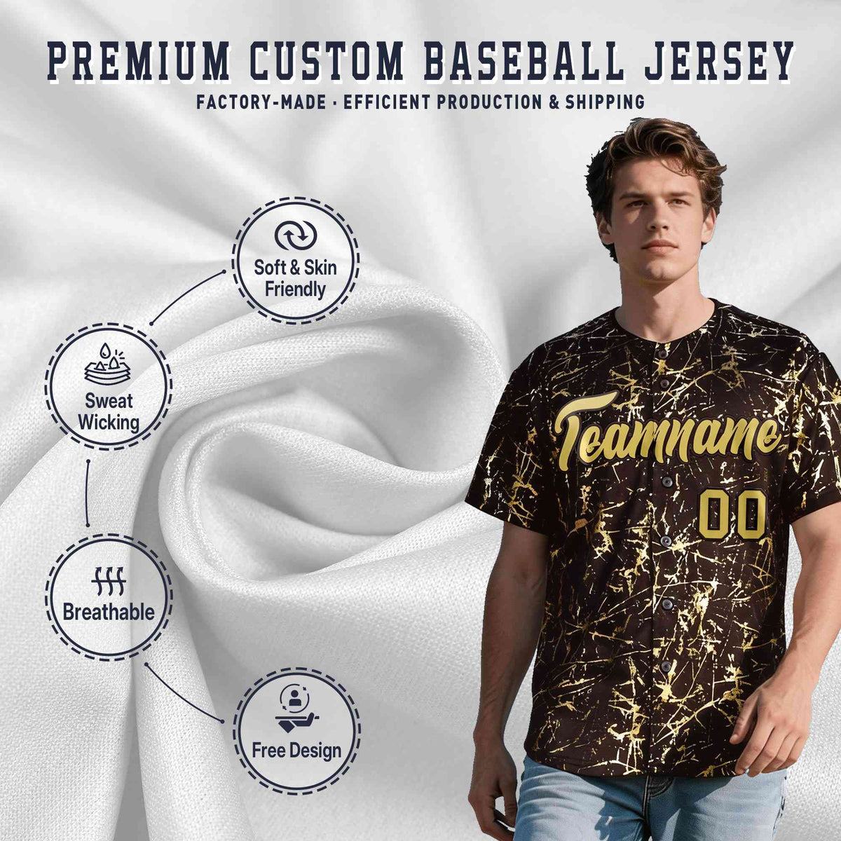 Custom Brown Old Gold Black&amp;Shiny Gold Cracked Foil Hip Hop Button Down Baseball Jersey