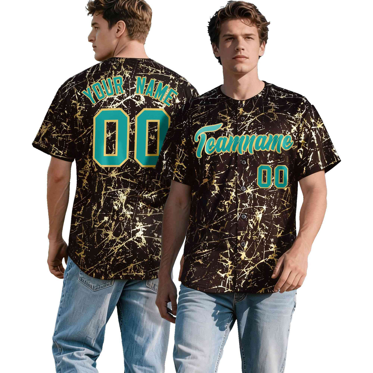 Custom Brown Aqua Metallic Gold Splatter Breathable&amp;Wrinkle-Resistant Baseball Jersey