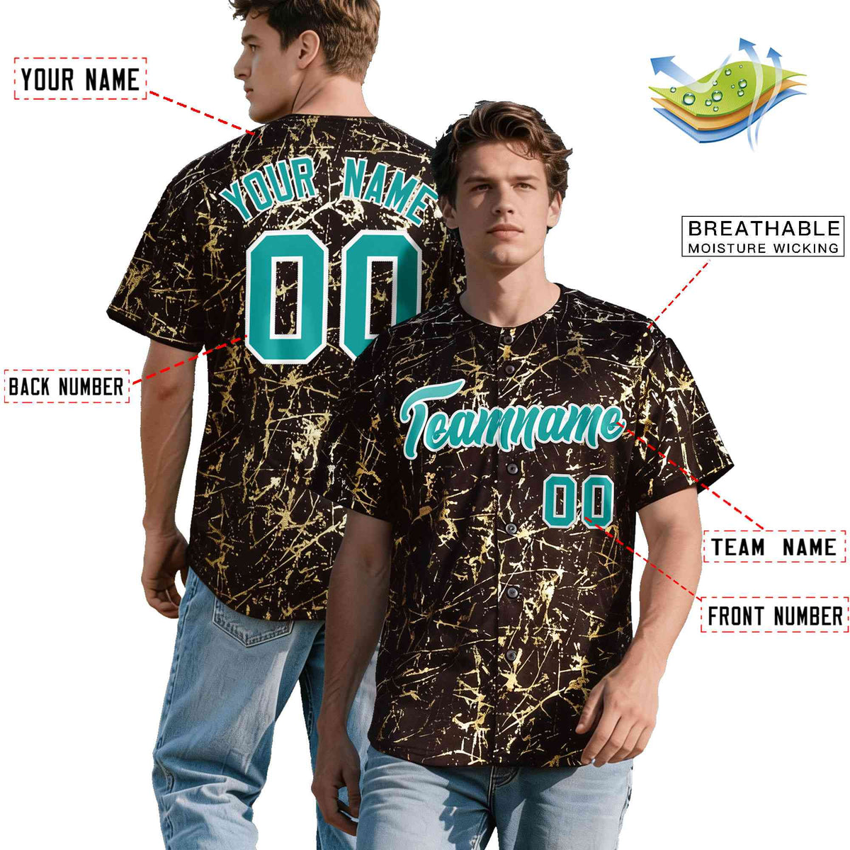Custom Brown Aqua Metallic Gold Splatter Urban Streetwear Baseball Jersey