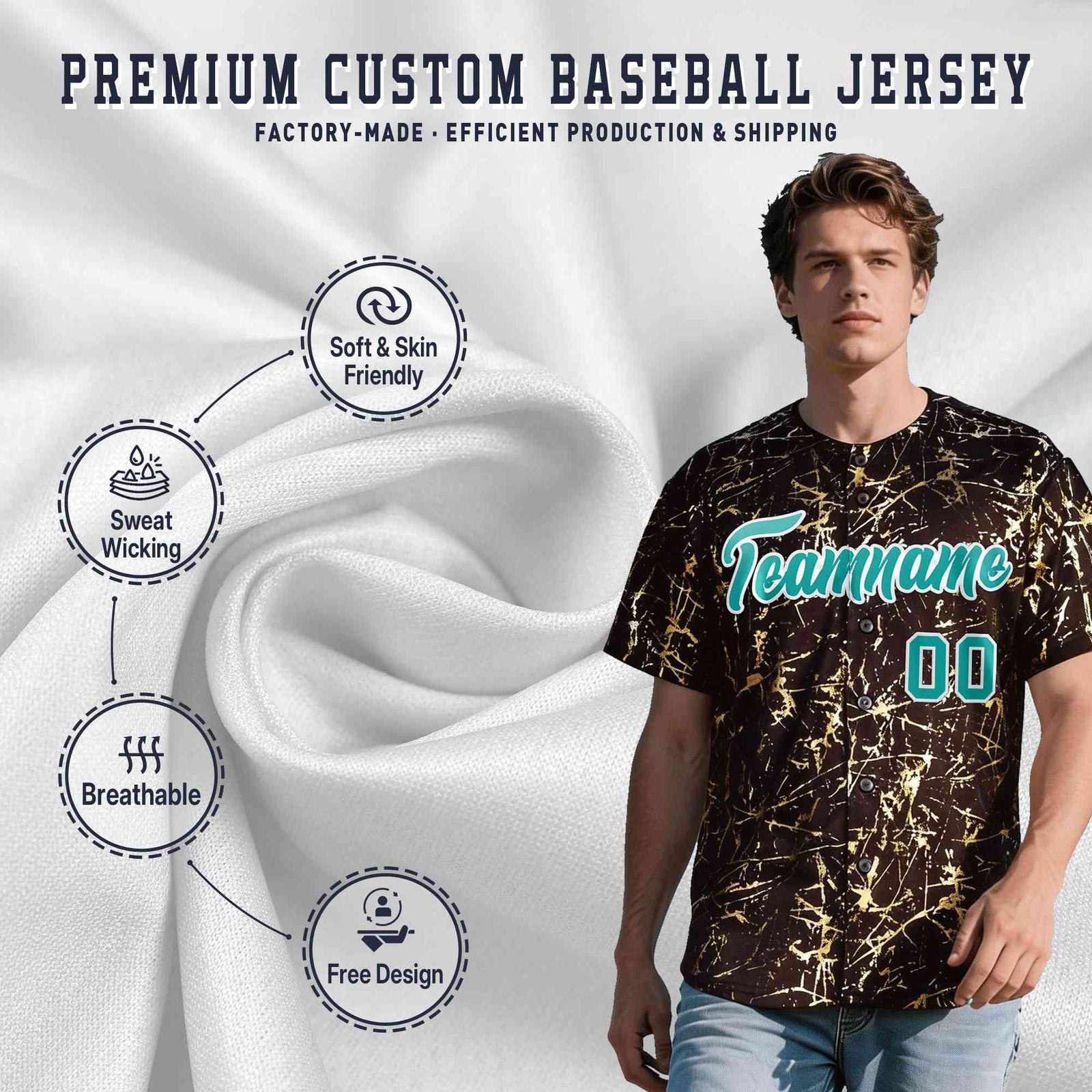 Custom Brown Aqua Metallic Gold Splatter Urban Streetwear Baseball Jersey