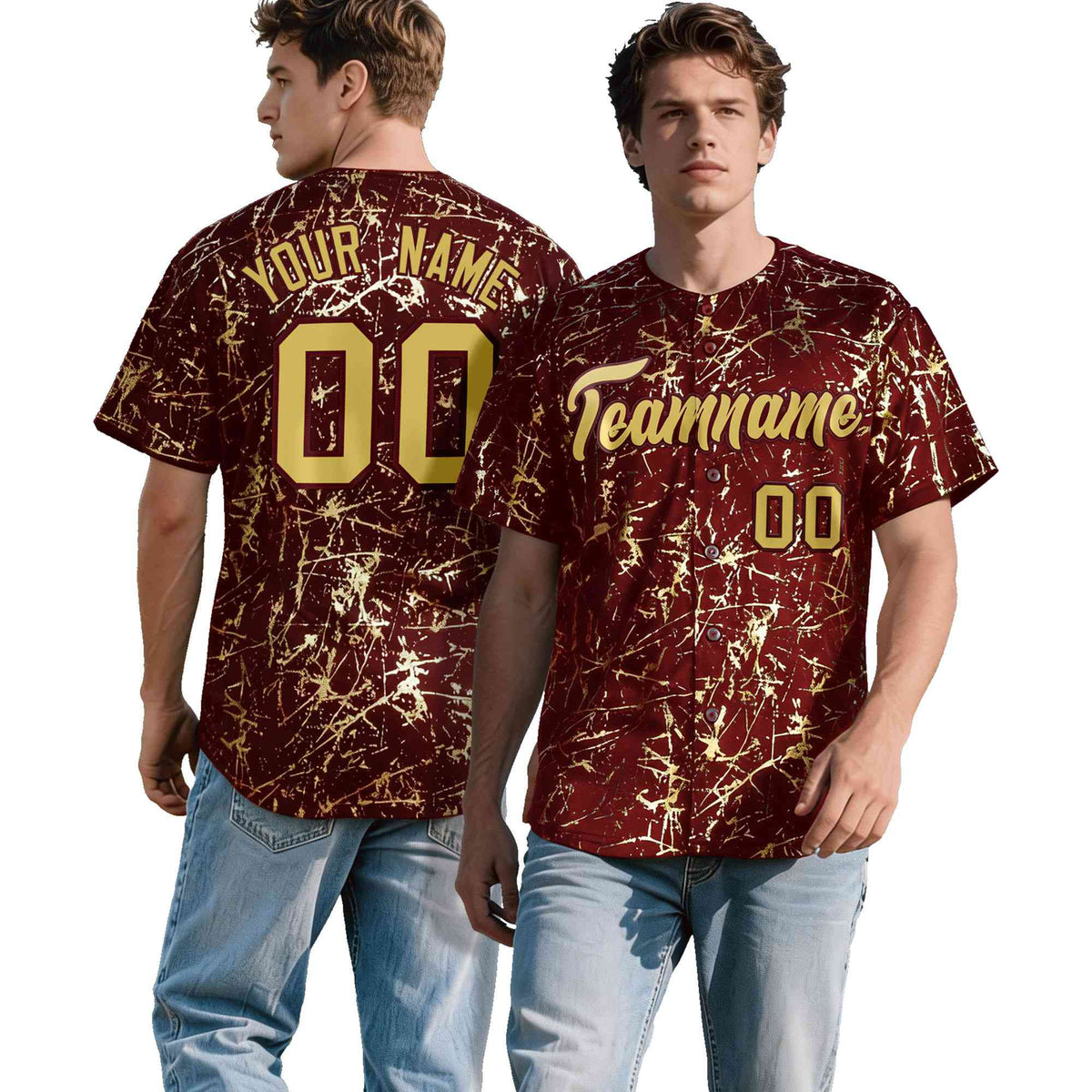 Custom Crimson Old Gold Black&Shiny Gold Cracked Foil Hip Hop Button Down Baseball Jersey