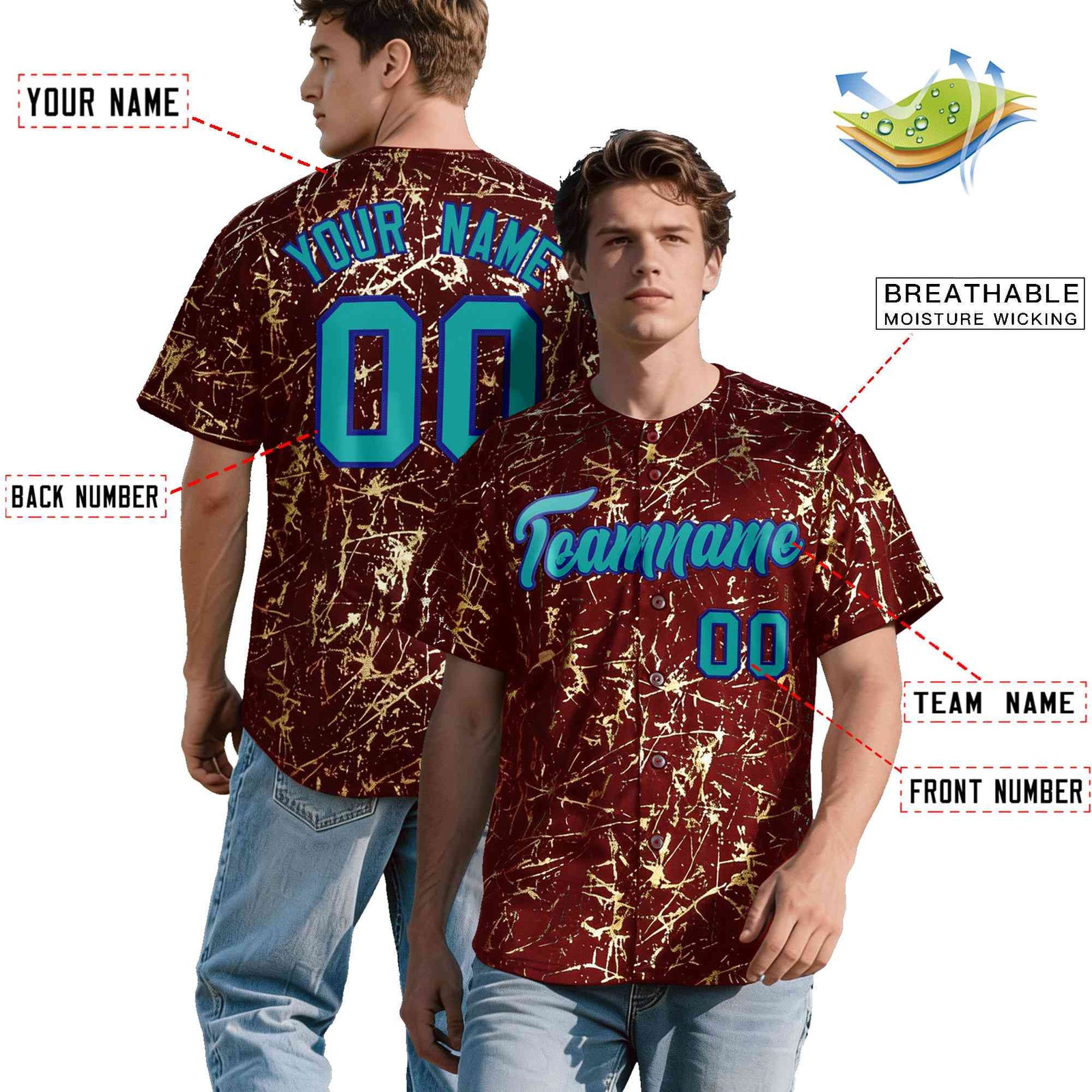 Custom Crimson Aqua Black&Gold Marble Print Clubwear Party Streetwear Baseball Jersey