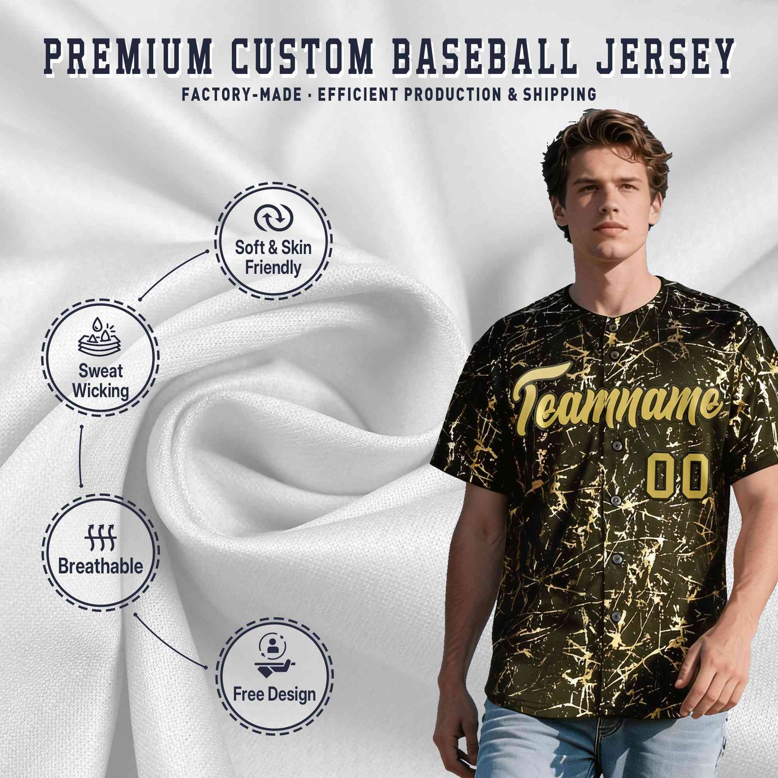 Custom Olive Old Gold Black&Shiny Gold Cracked Foil Hip Hop Button Down Baseball Jersey