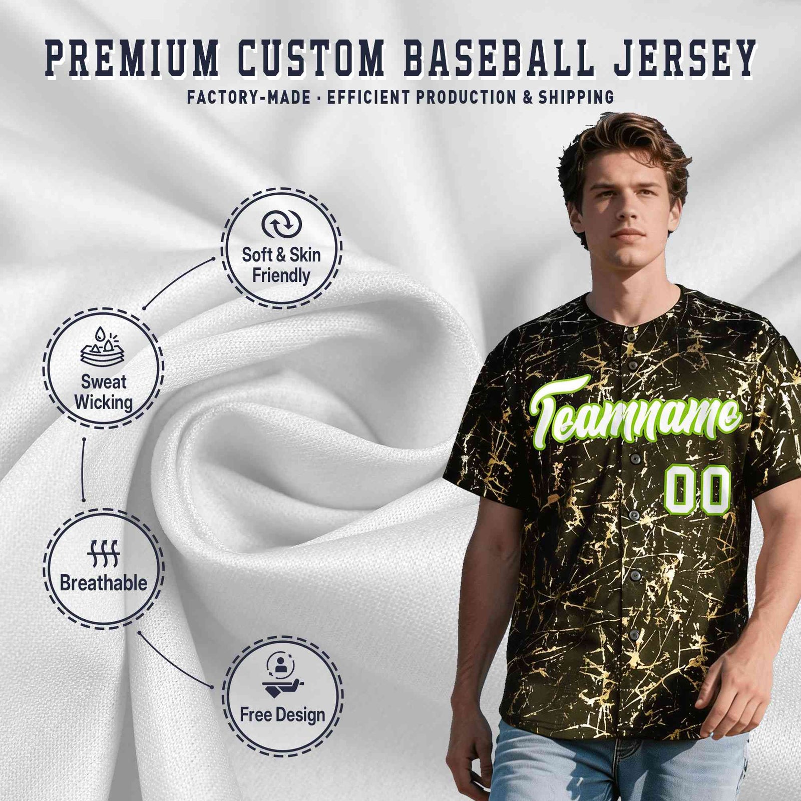 Custom Olive White Black&Shiny Gold Cracked Foil Breathable Mesh Streetwear Baseball Jersey