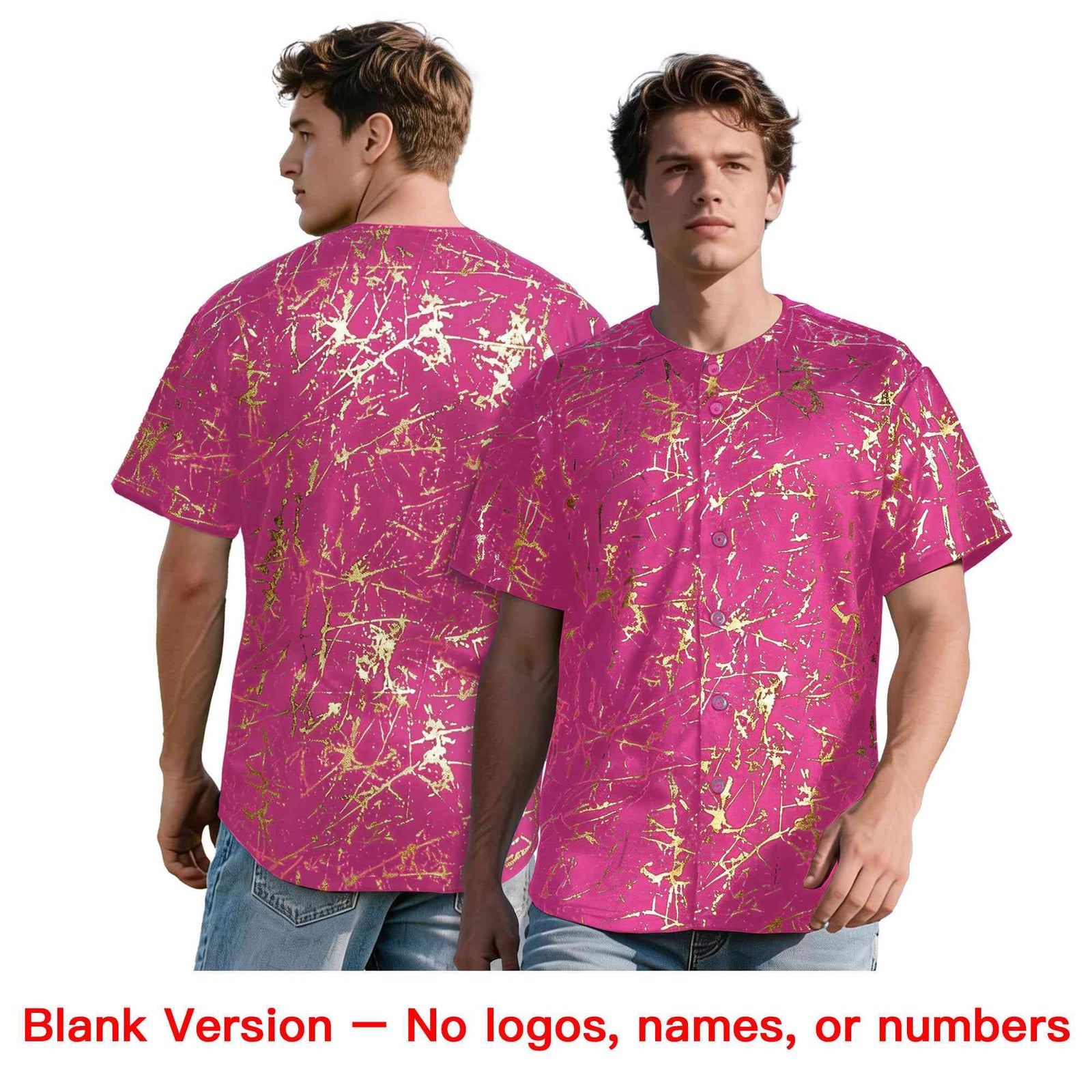 Custom Pink Old Gold Black&Shiny Gold Cracked Foil Hip Hop Button Down Baseball Jersey