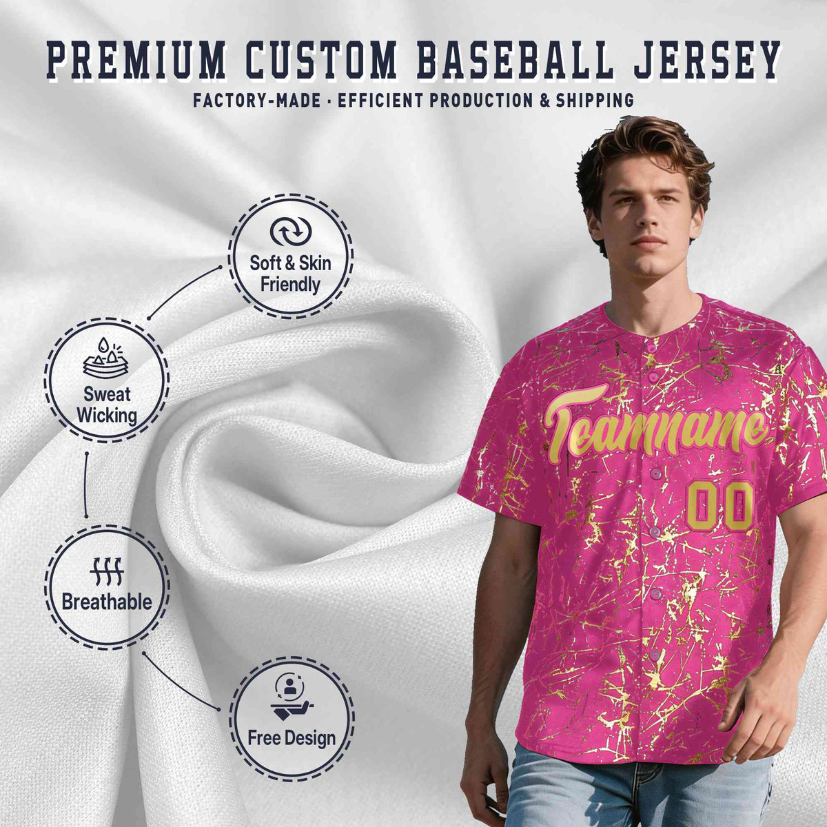 Custom Pink Old Gold Black&Shiny Gold Cracked Foil Hip Hop Button Down Baseball Jersey