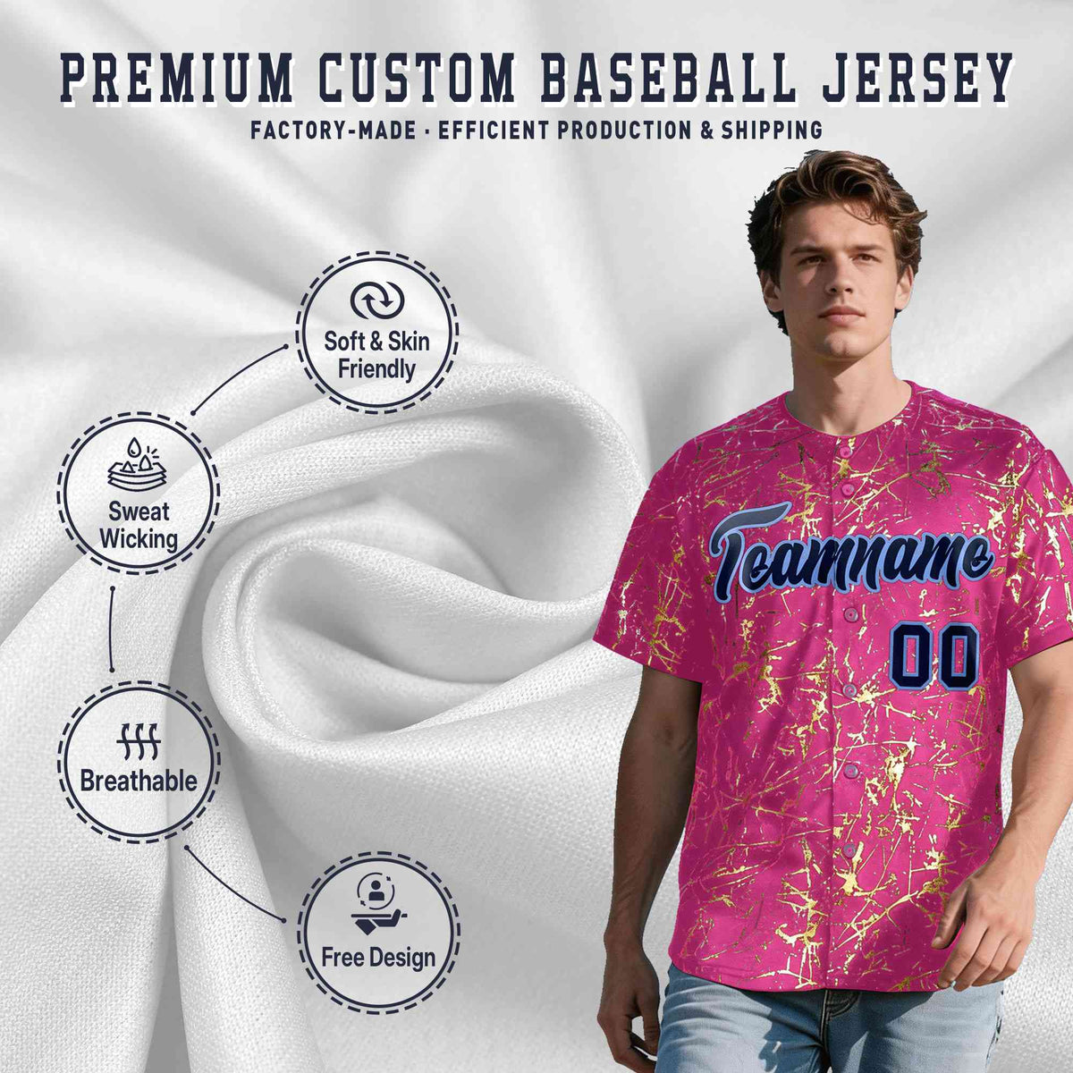 Custom Pink Navy Metallic Gold Splatter Breathable&Wrinkle-Resistant Baseball Jersey