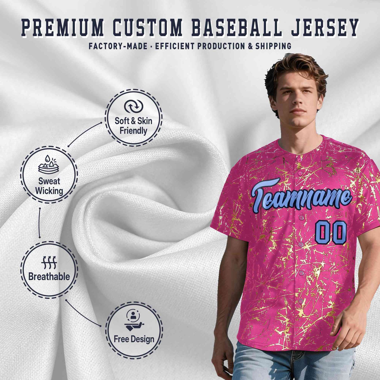 Custom Pink Light Blue Black&Gold Marble Print Clubwear Party Streetwear Baseball Jersey