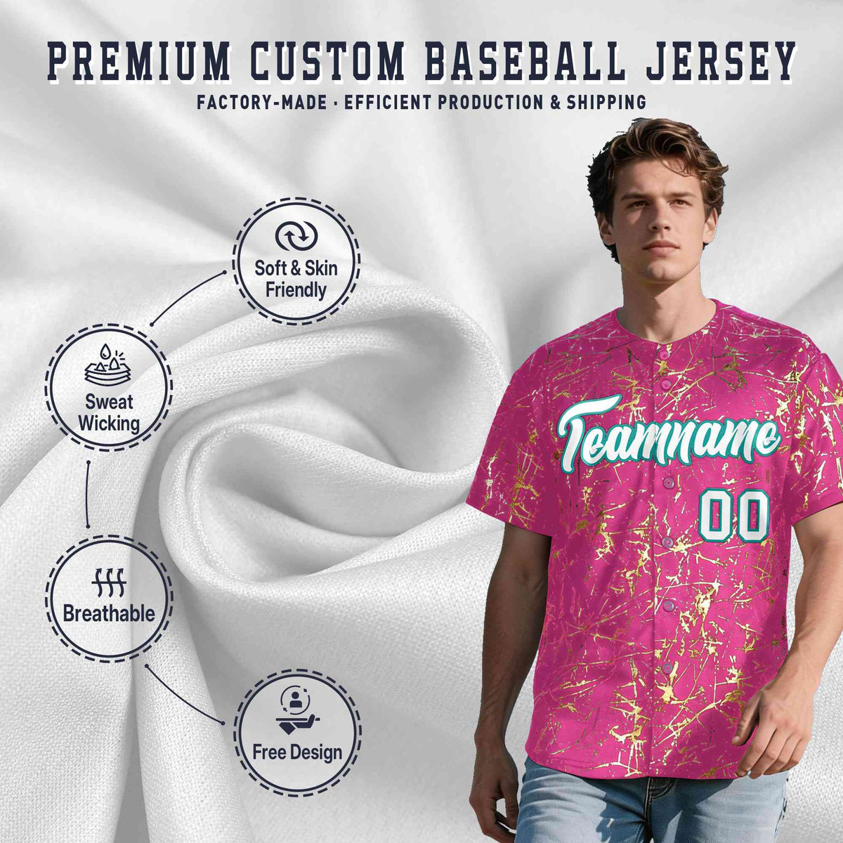 Custom Pink White Black&Shiny Gold Cracked Foil Breathable Mesh Streetwear Baseball Jersey