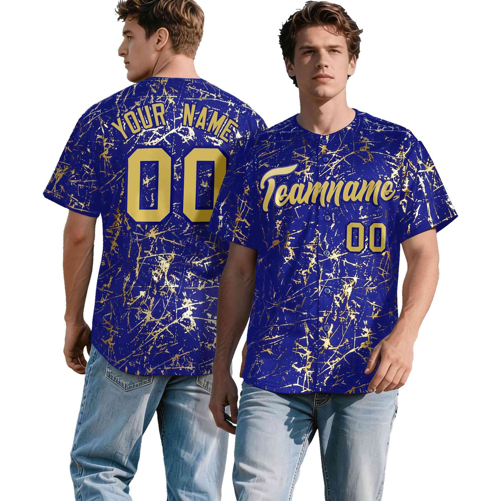 Custom Royal Old Gold Black&Shiny Gold Cracked Foil Hip Hop Button Down Baseball Jersey